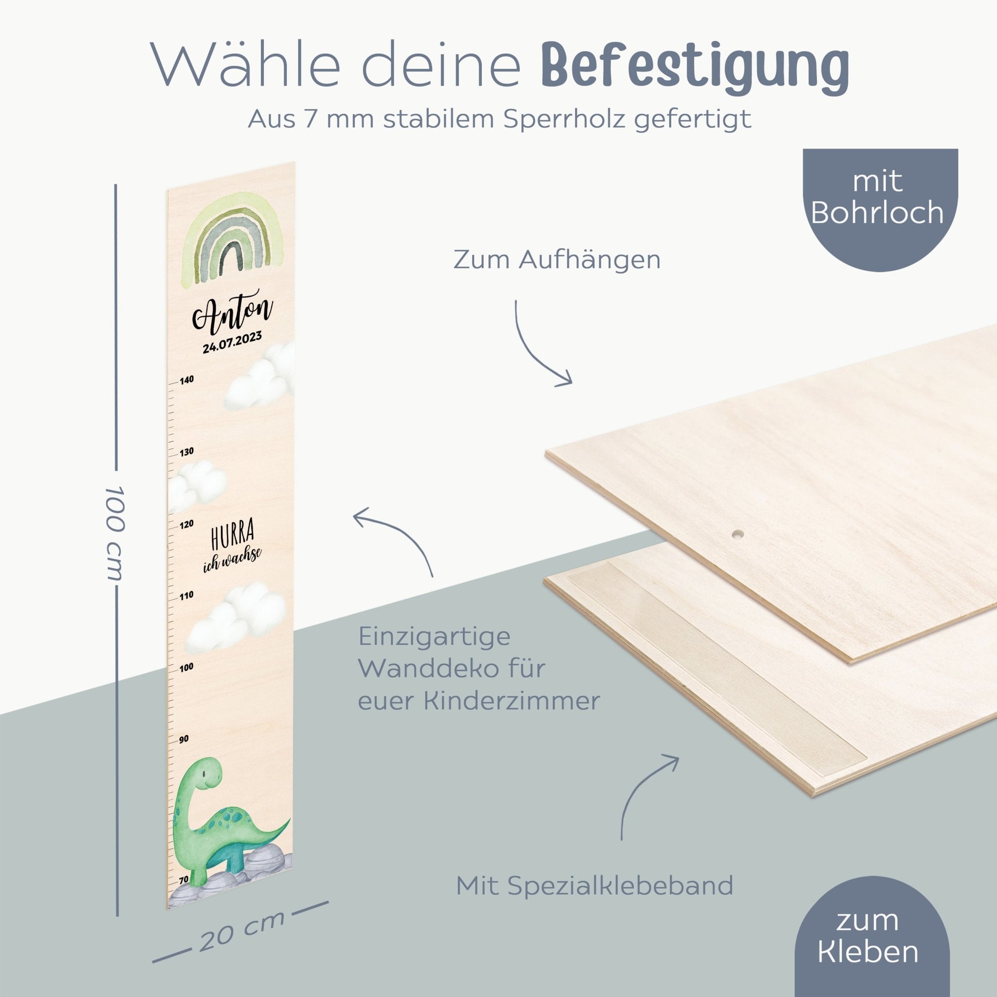 Kindermesslatte Holz personalisiert - Dinosaurier Aquarell - wunderwunsch