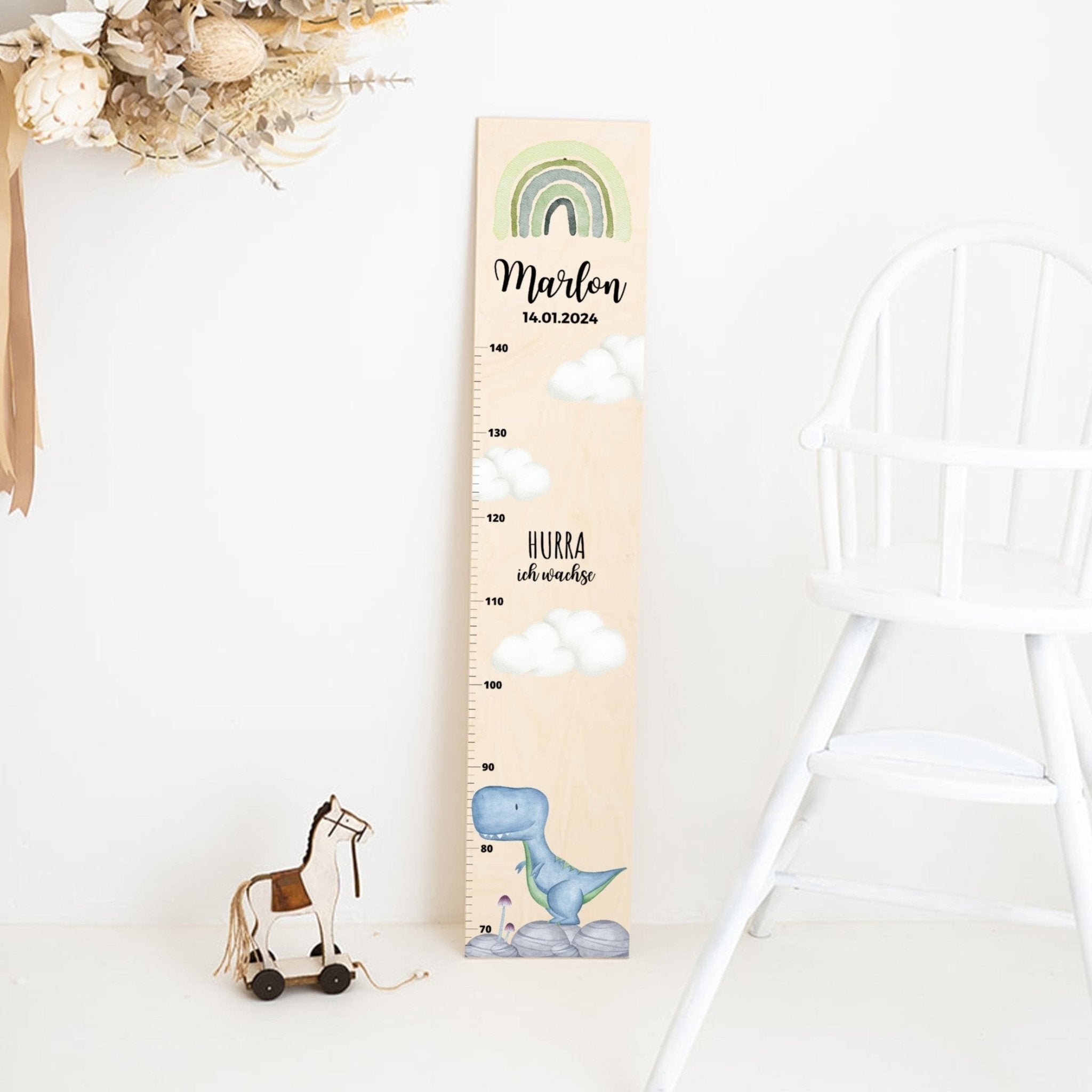 Kindermesslatte Holz personalisiert - Dinosaurier Aquarell - wunderwunsch