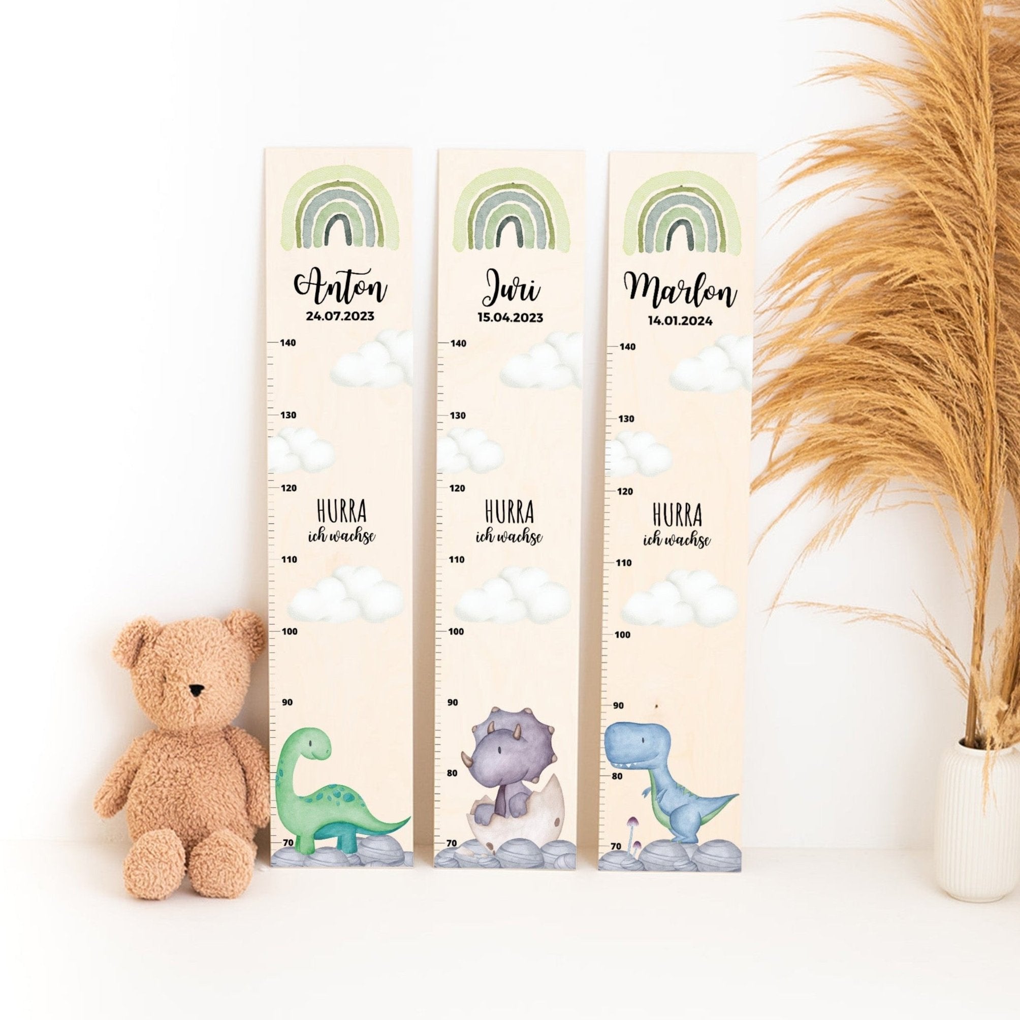 Kindermesslatte Holz personalisiert - Dinosaurier Aquarell - wunderwunsch