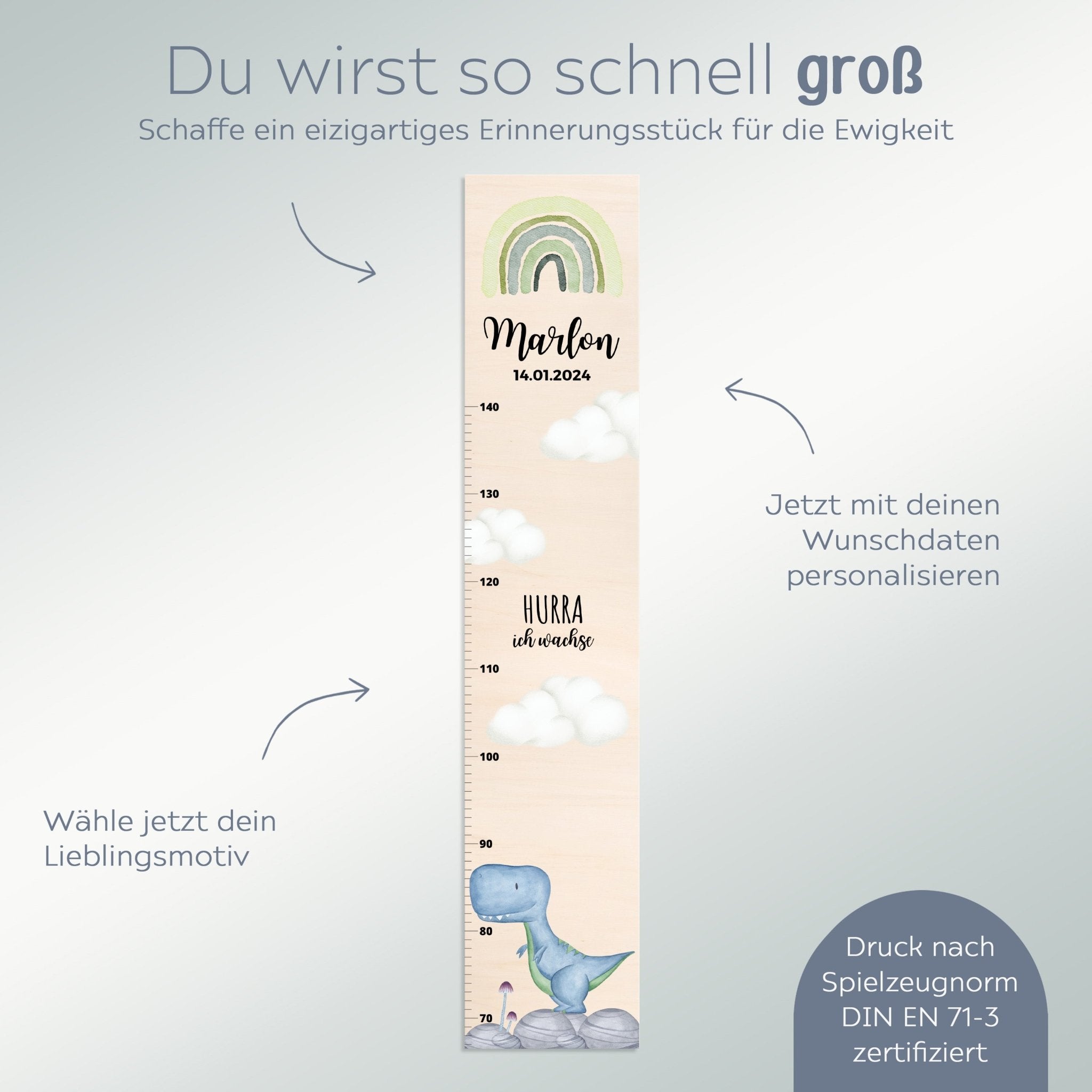 Kindermesslatte Holz personalisiert - Dinosaurier Aquarell - wunderwunsch