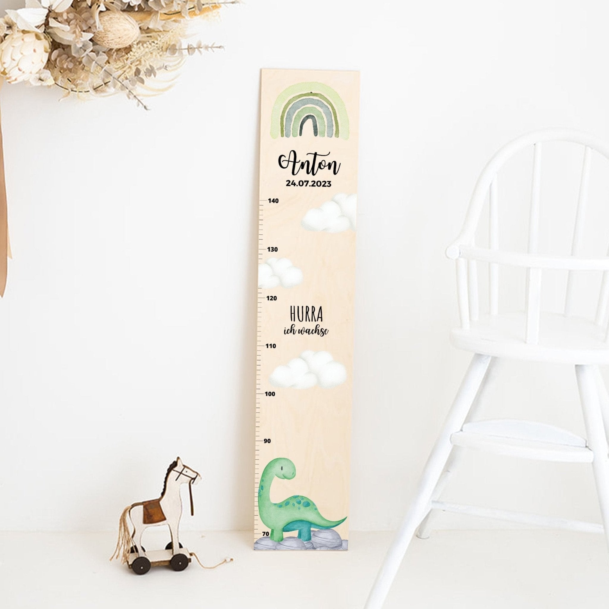 Kindermesslatte Holz personalisiert - Dinosaurier Aquarell - wunderwunsch