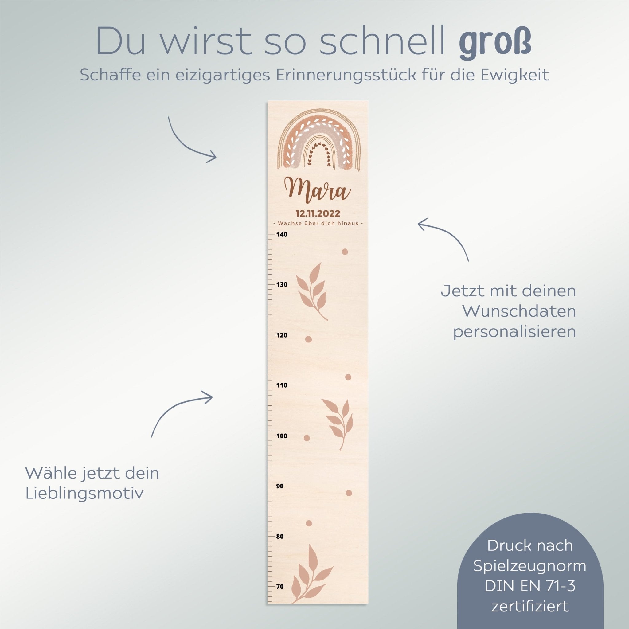 Kindermesslatte Holz personalisiert - Regenbogen Boho pastell Aquarell - wunderwunsch