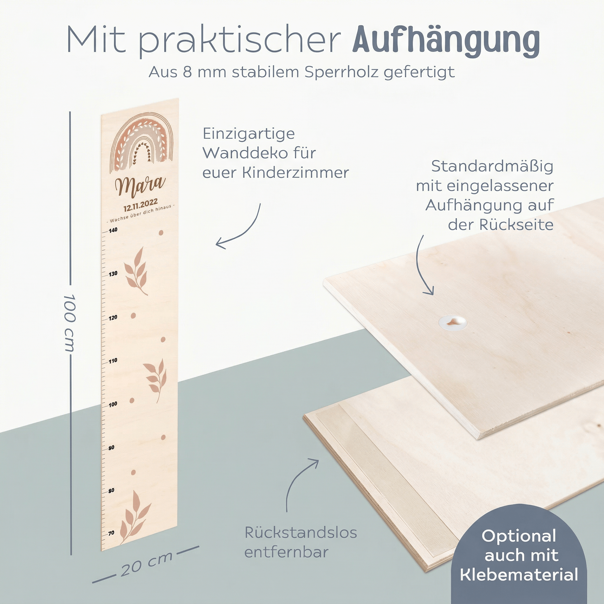 Kindermesslatte Holz personalisiert - Regenbogen Boho pastell Aquarell - wunderwunsch