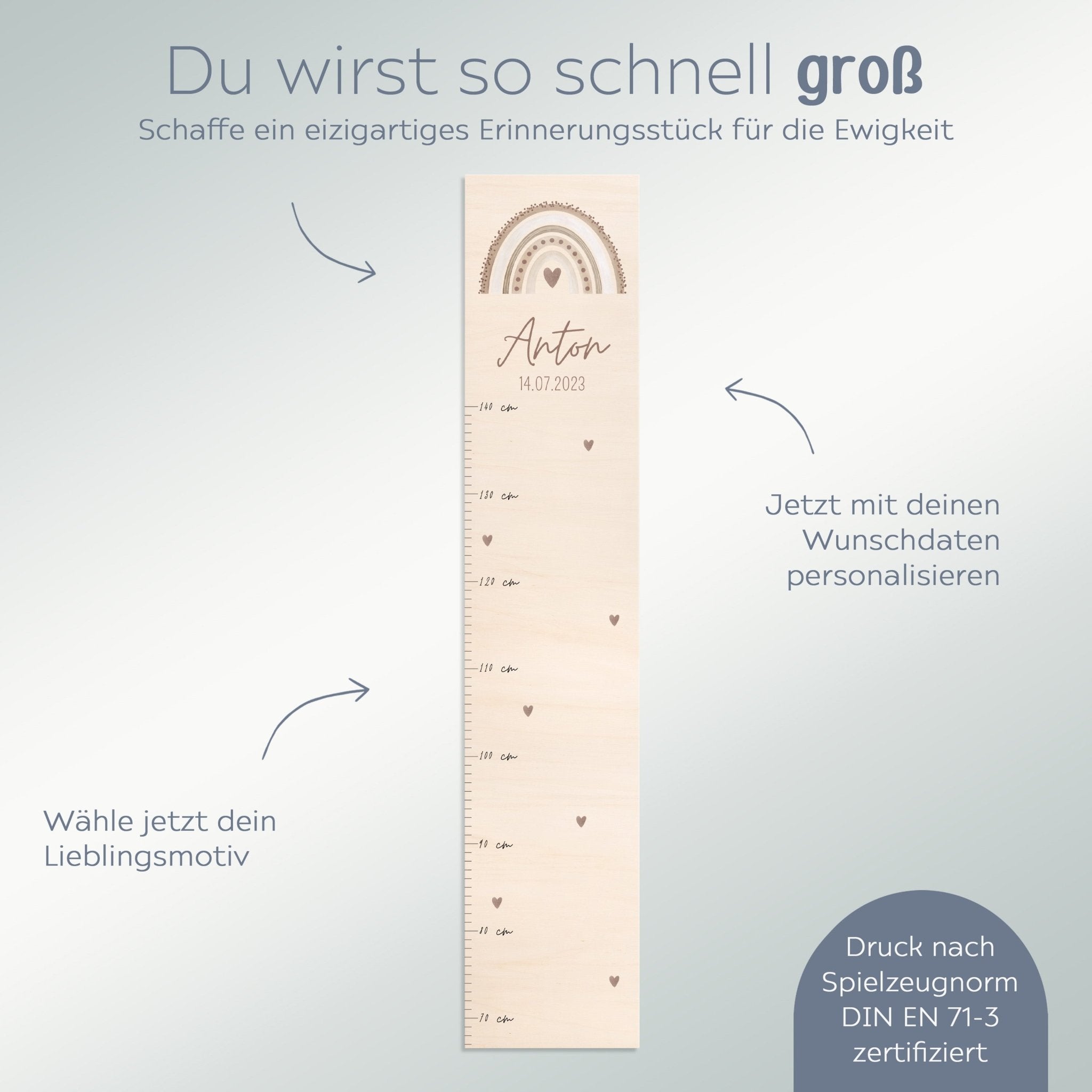 Kindermesslatte Holz personalisiert - Regenbogen Punkte Aquarell - wunderwunsch