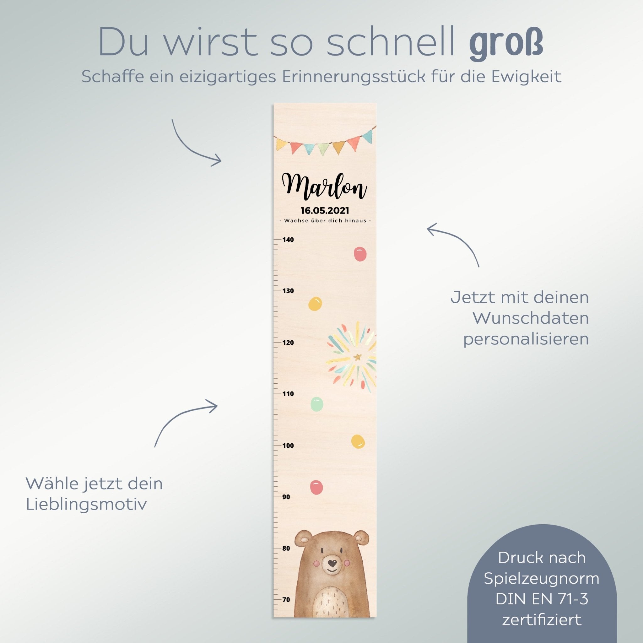Kindermesslatte Holz personalisiert - Tier Aquarell - wunderwunsch