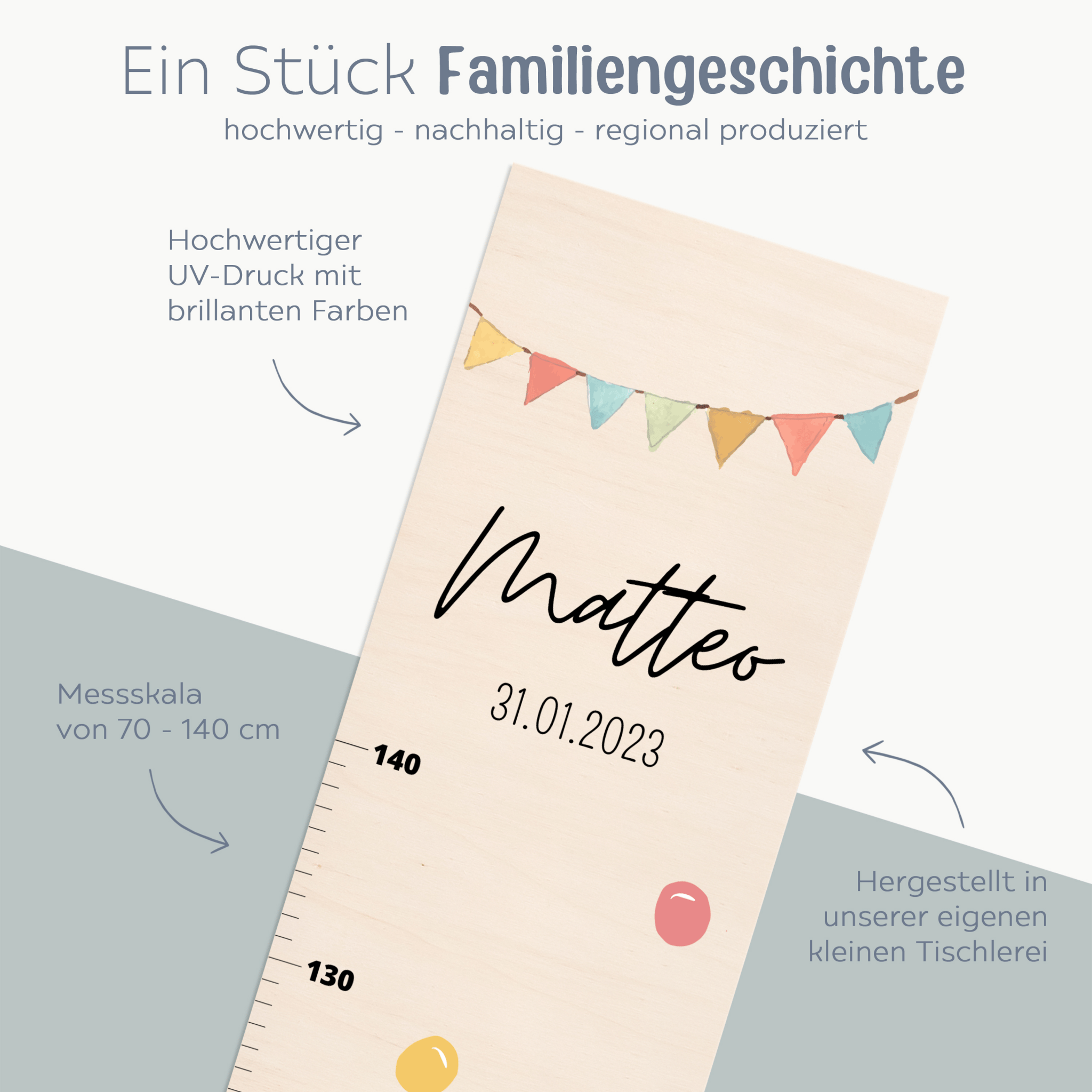 Kindermesslatte Holz personalisiert - Tier Girlande Aquarell - wunderwunsch