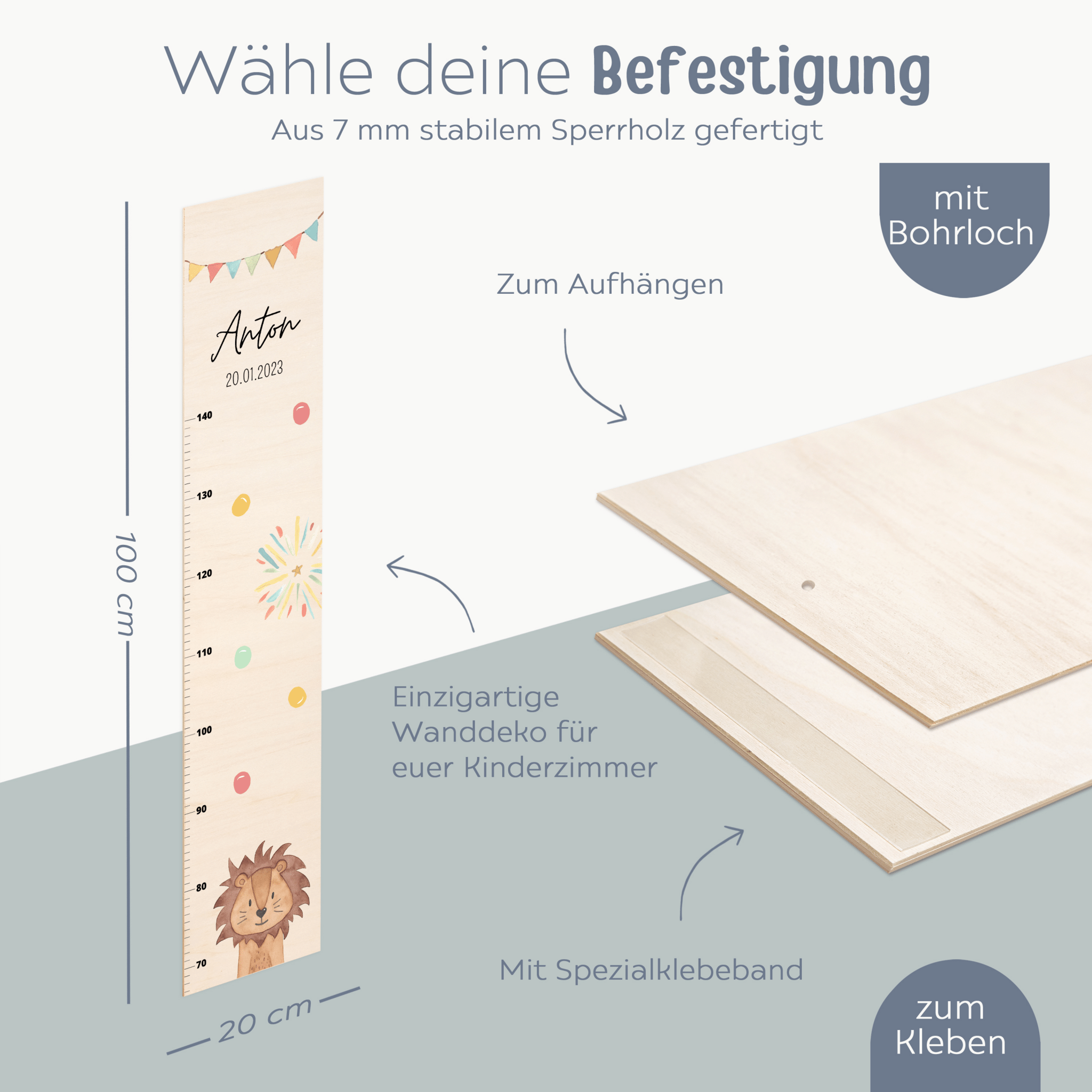 Kindermesslatte Holz personalisiert - Tier Girlande Aquarell - wunderwunsch