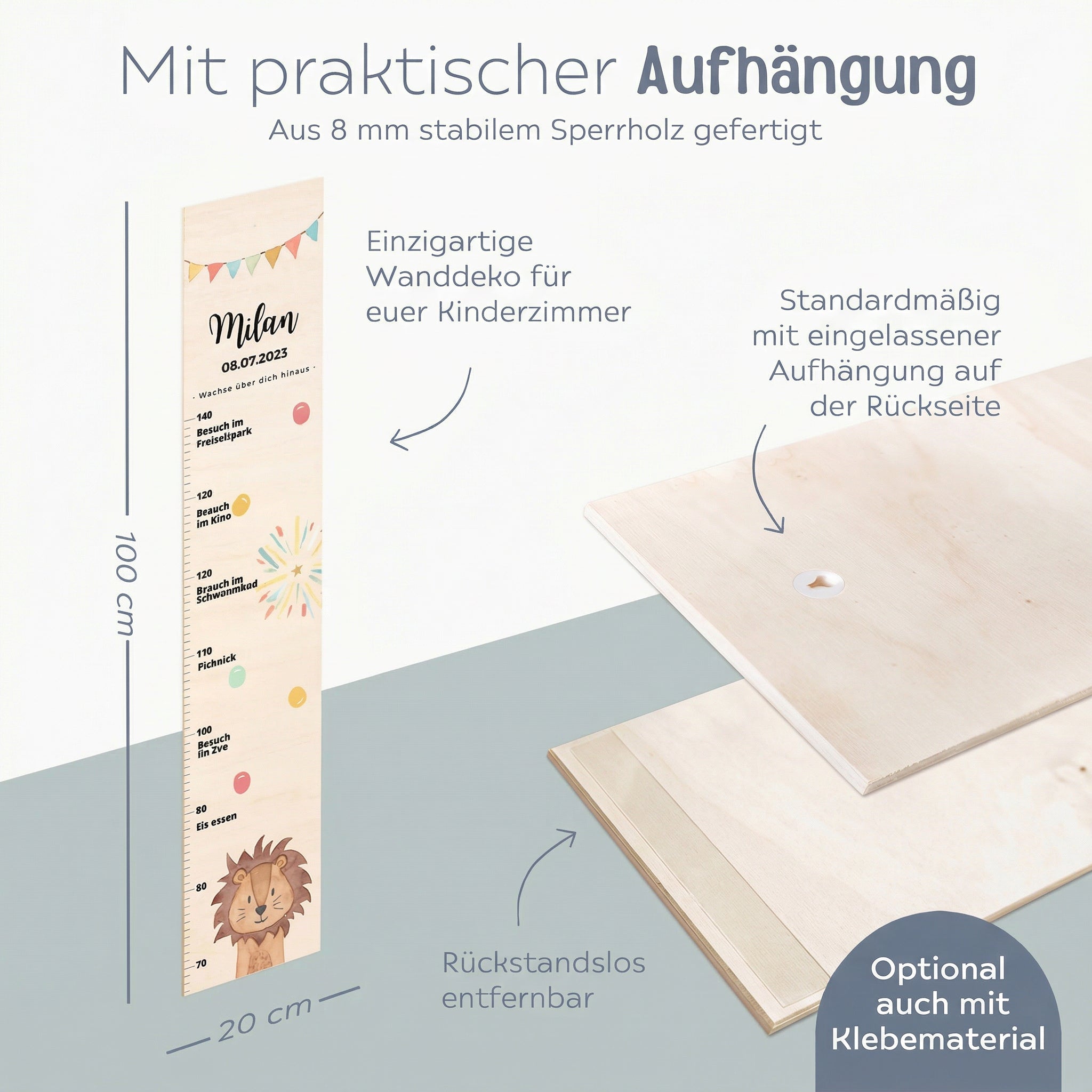 Kindermesslatte Holz personalisiert - Tier "Meilensteine" Aquarell - wunderwunsch