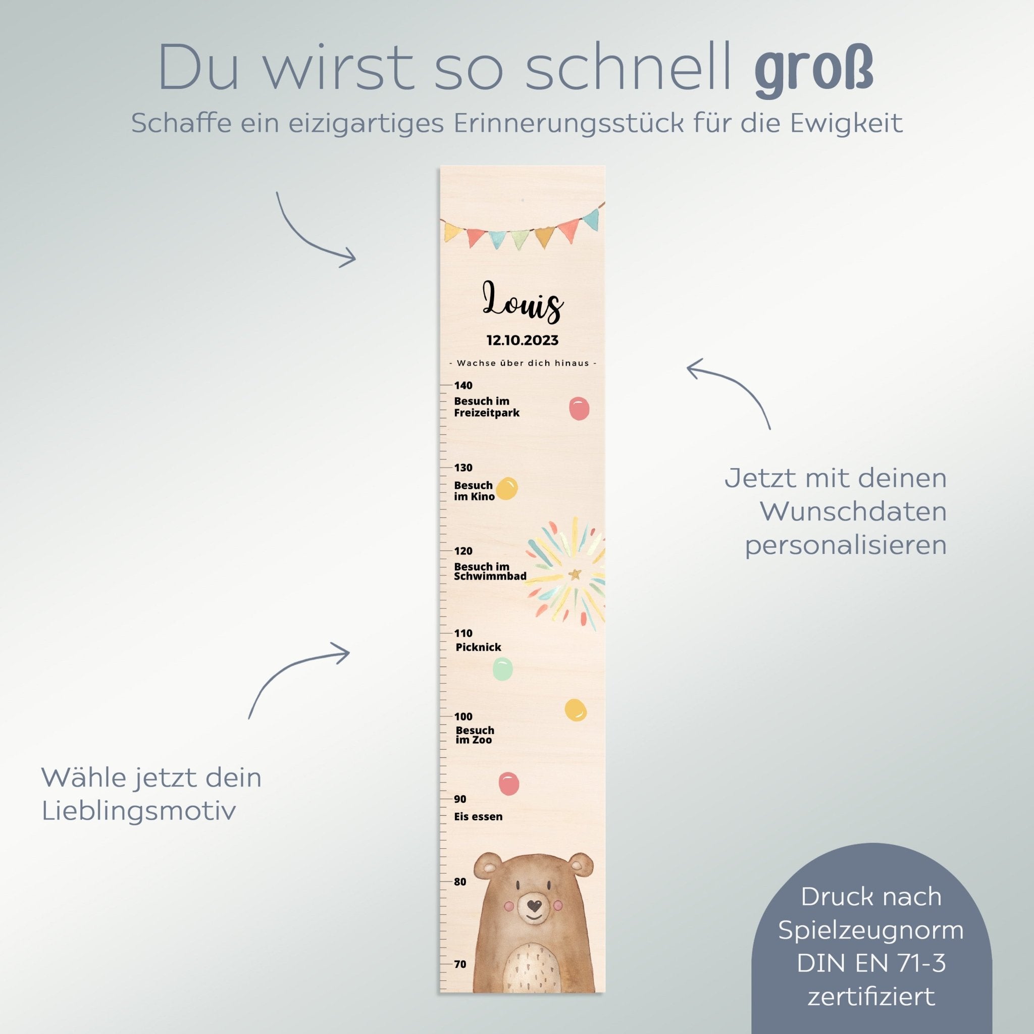 Kindermesslatte Holz personalisiert - Tier "Meilensteine" Aquarell - wunderwunsch