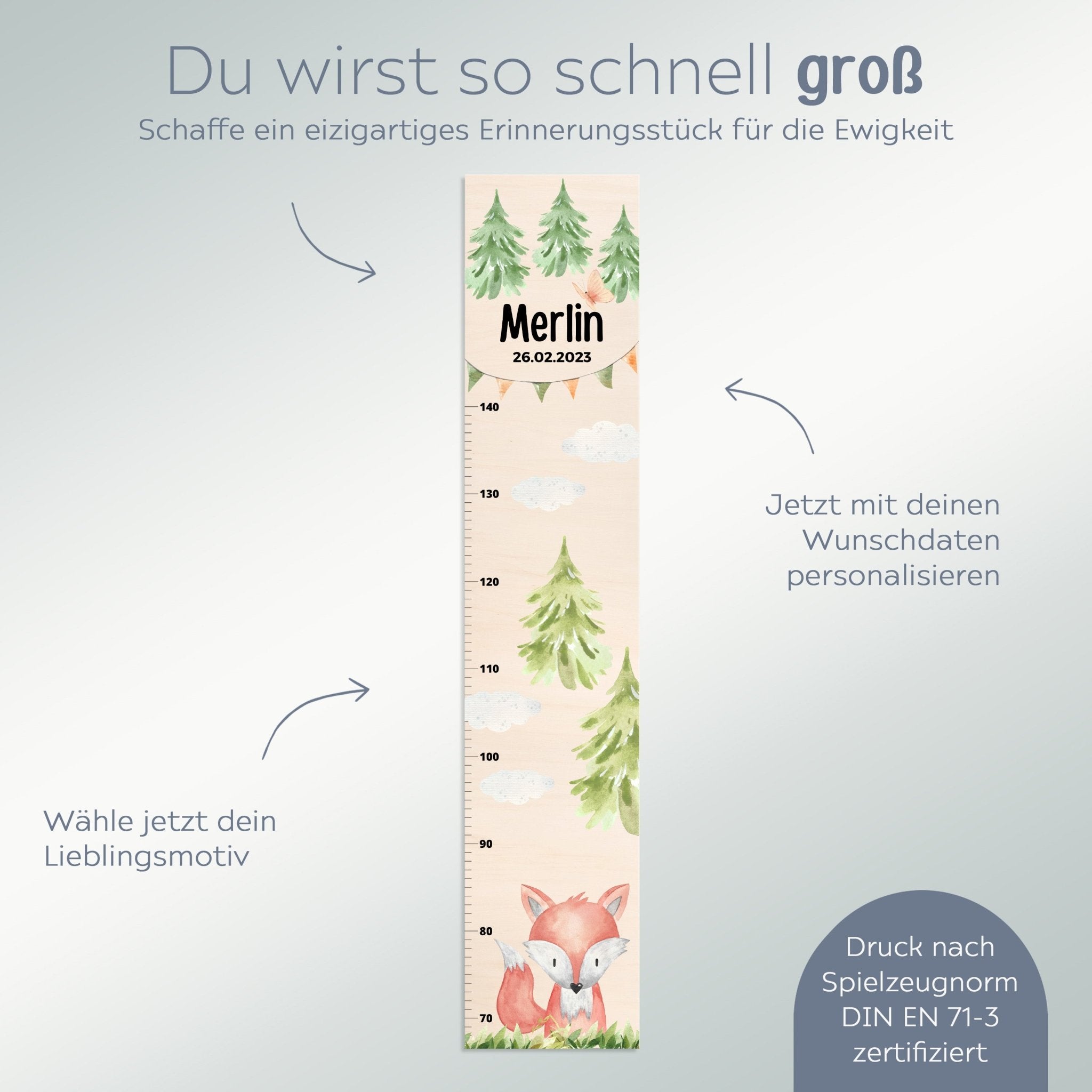Kindermesslatte Holz personalisiert - Tier Wald Aquarell - wunderwunsch