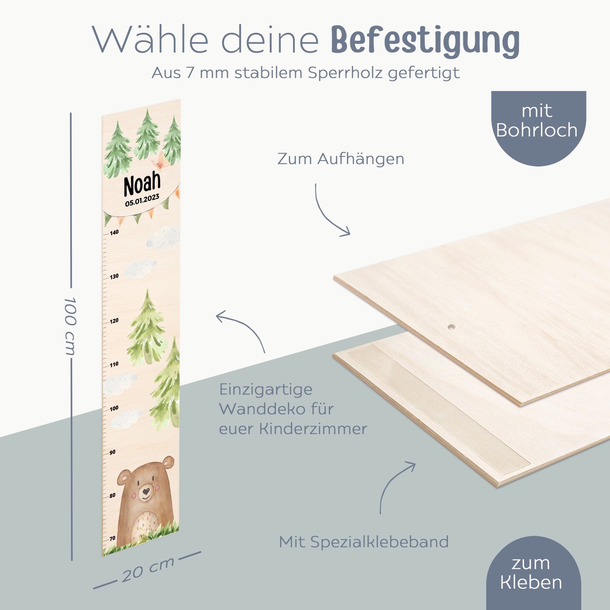 Kindermesslatte Holz personalisiert - Tier Wald Aquarell - wunderwunsch