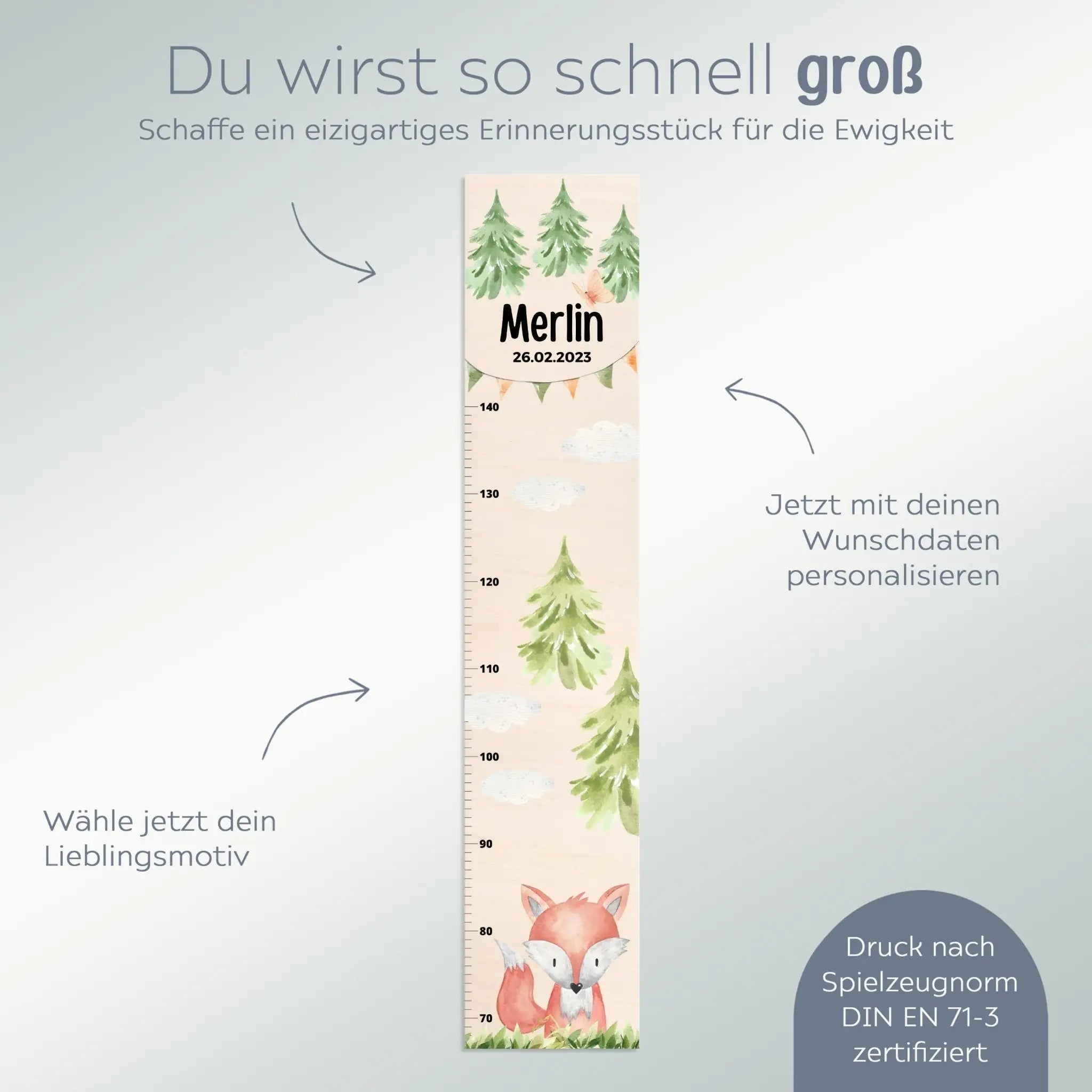 Kindermesslatte Holz personalisiert - Tier Wald Aquarell - wunderwunsch