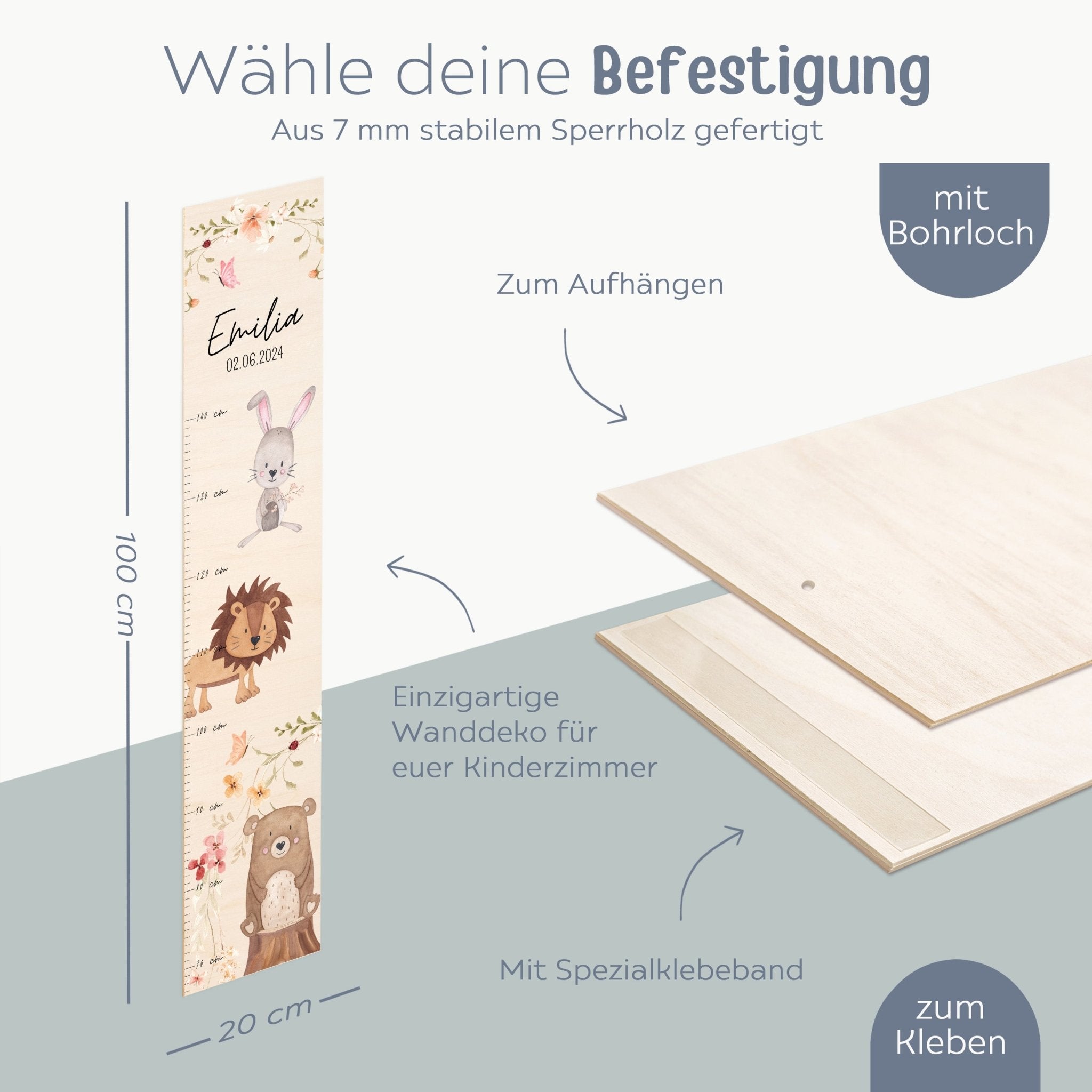 Kindermesslatte Holz personalisiert - Tiere Blumenkreis Aquarell - wunderwunsch