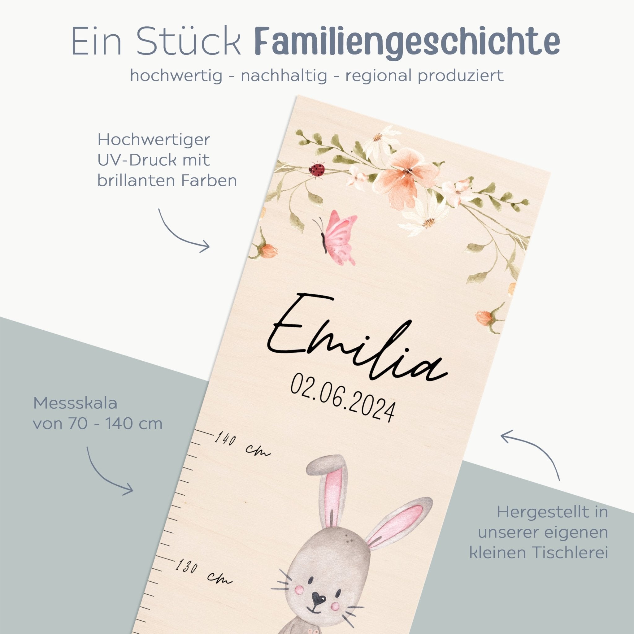Kindermesslatte Holz personalisiert - Tiere Blumenkreis Aquarell - wunderwunsch