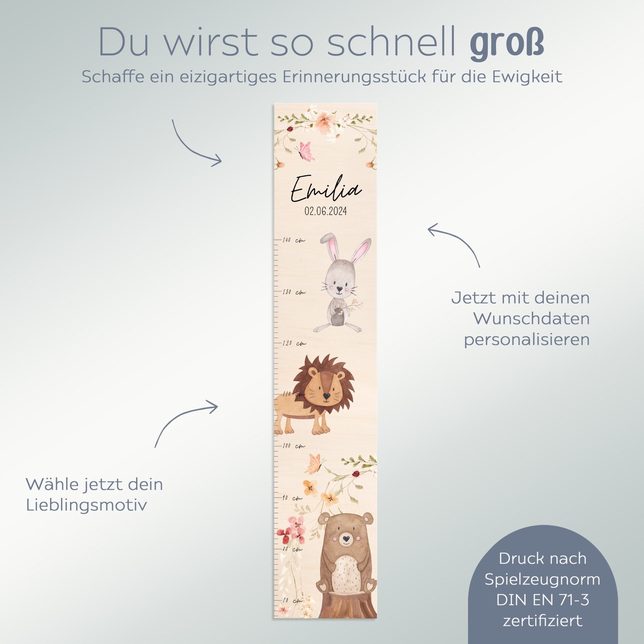 Kindermesslatte Holz personalisiert - Tiere Blumenkreis Aquarell - wunderwunsch