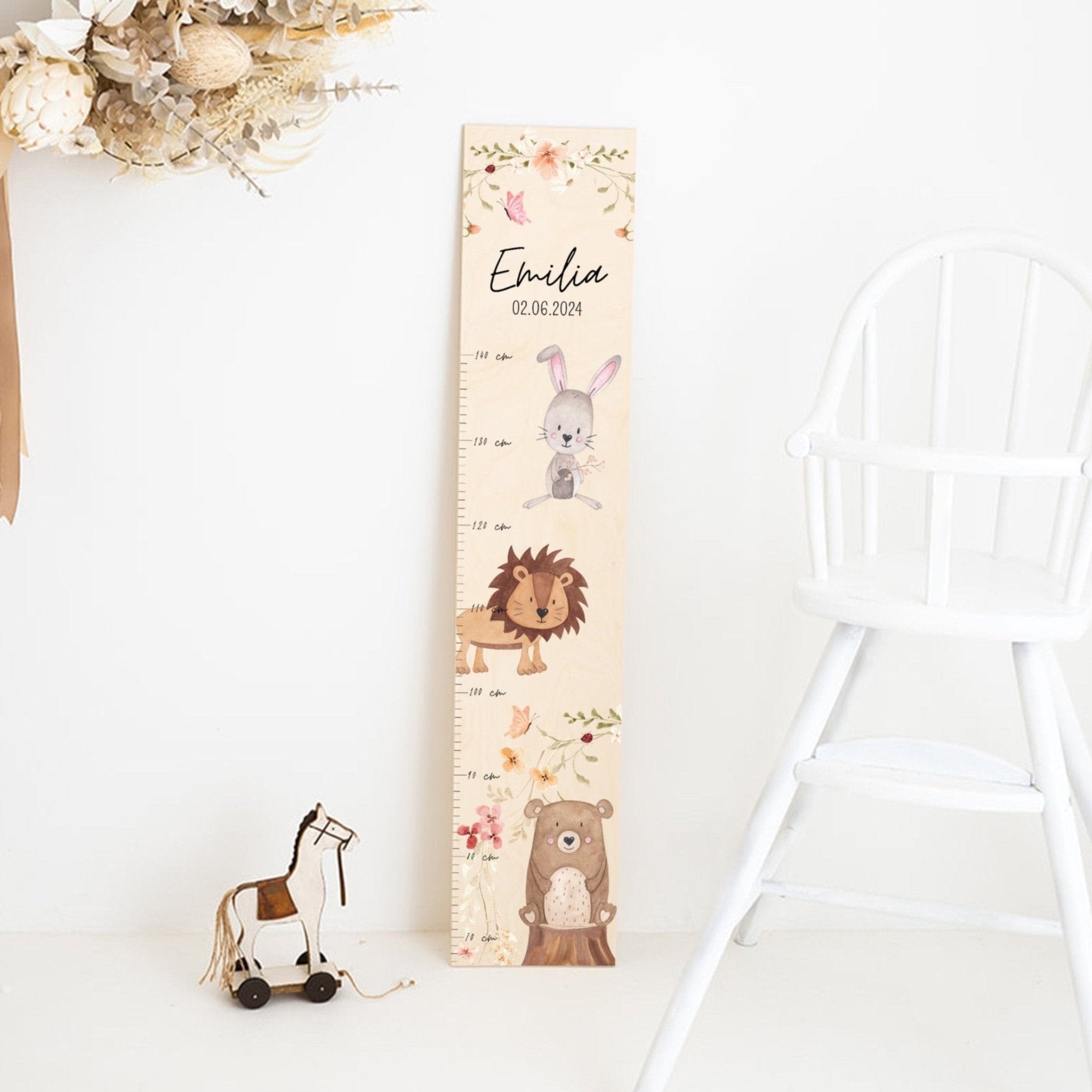Kindermesslatte Holz personalisiert - Tiere Blumenkreis Aquarell - wunderwunsch