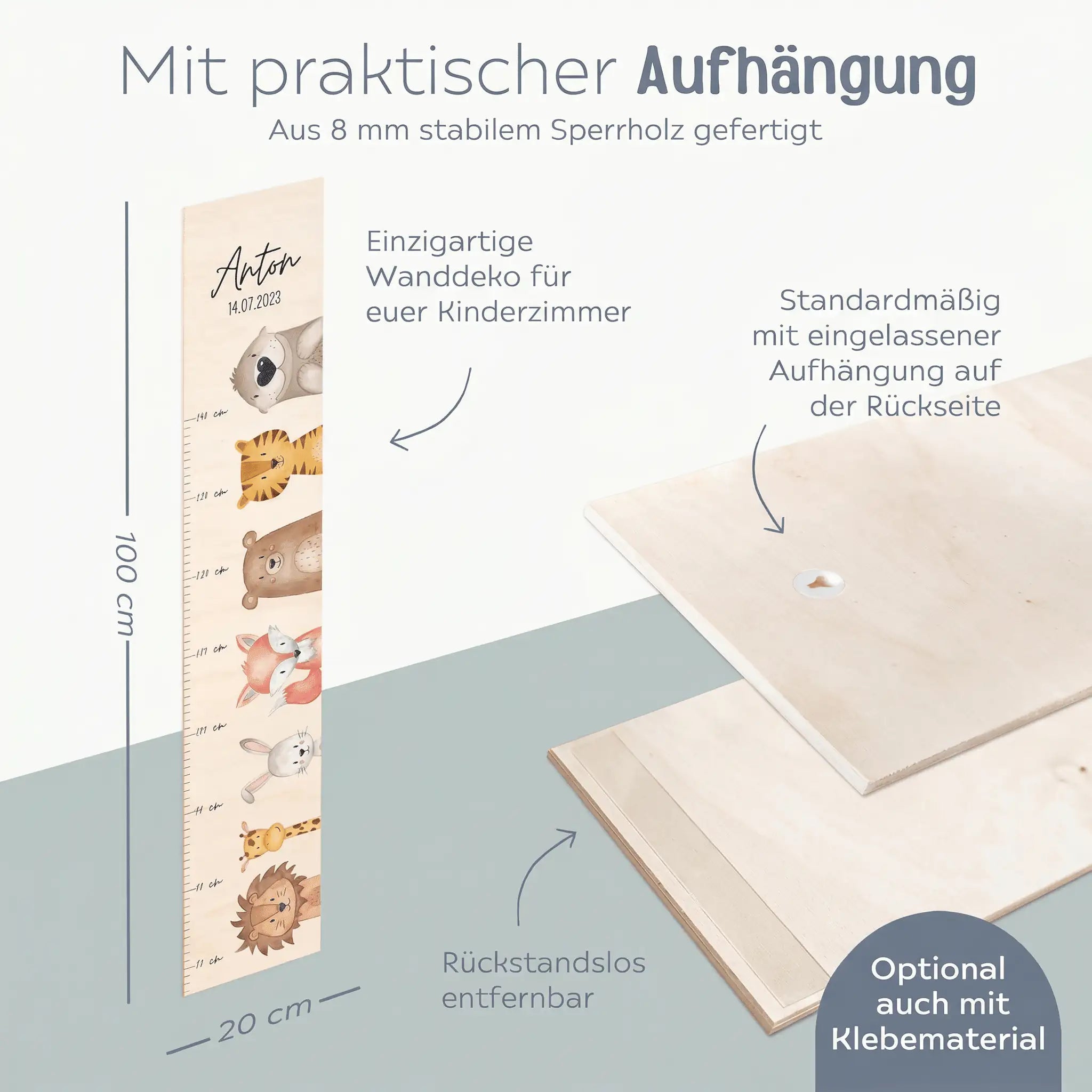Kindermesslatte Holz personalisiert - Tiere seitlich nebeneinander Aquarell - wunderwunsch