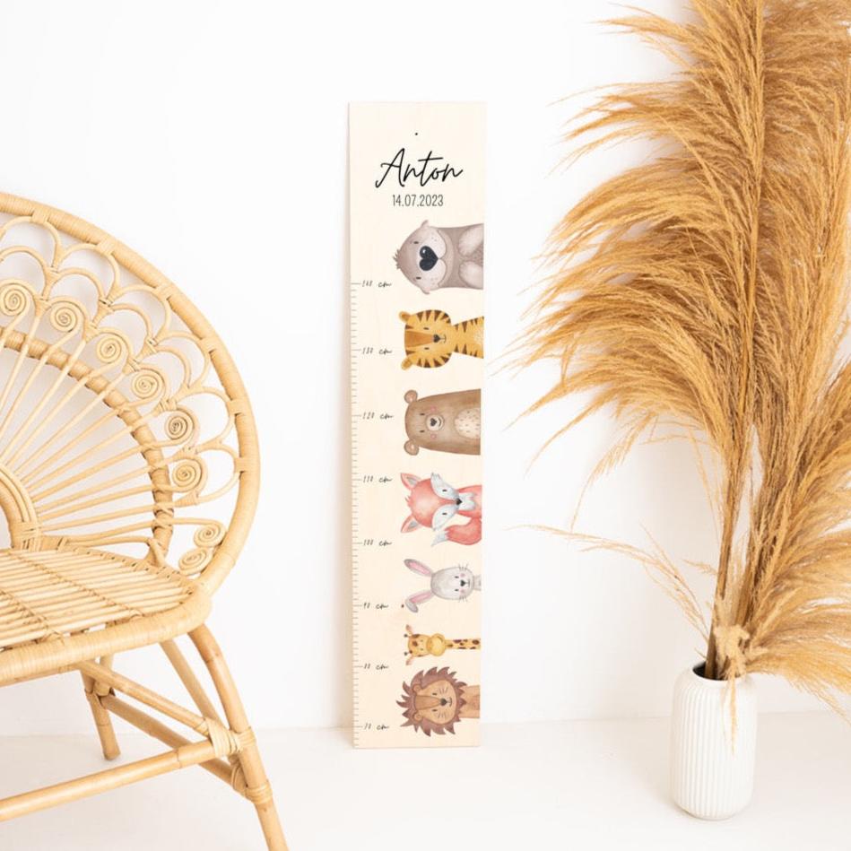 Kindermesslatte Holz personalisiert - Tiere seitlich nebeneinander Aquarell - wunderwunsch