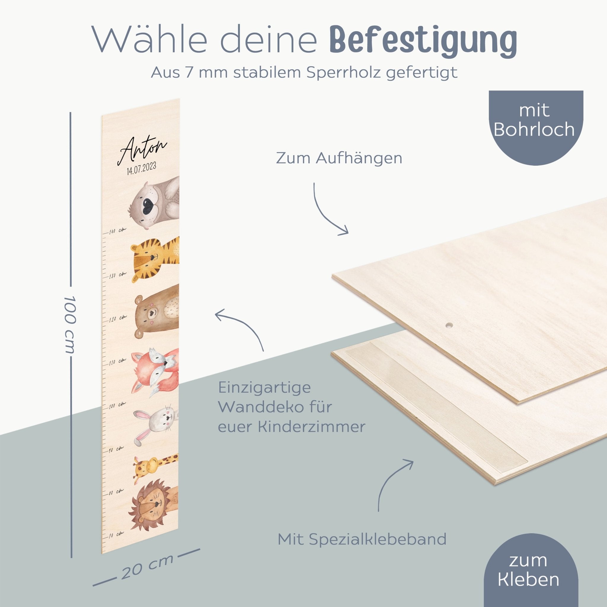 Kindermesslatte Holz personalisiert - Tiere seitlich nebeneinander Aquarell - wunderwunsch