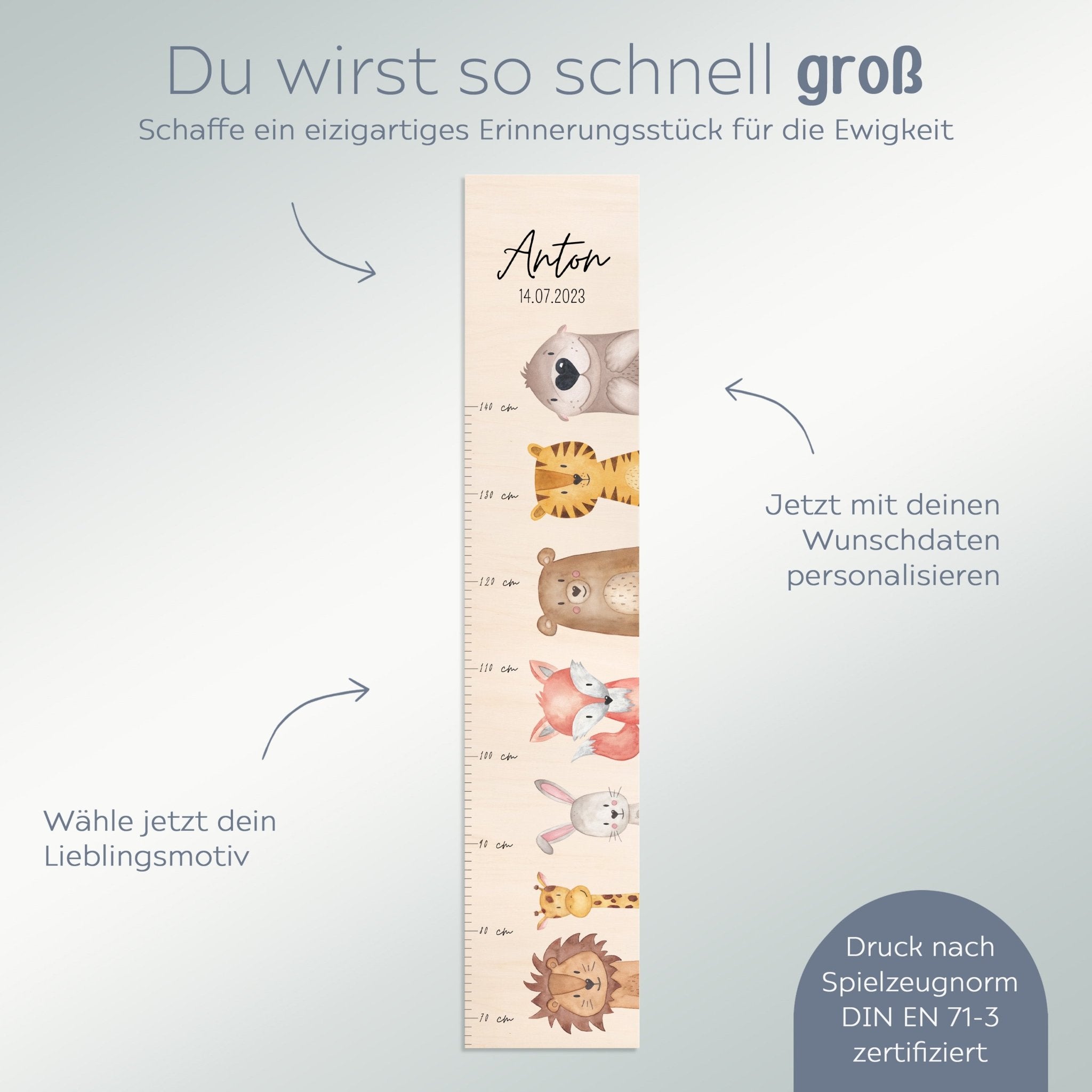 Kindermesslatte Holz personalisiert - Tiere seitlich nebeneinander Aquarell - wunderwunsch