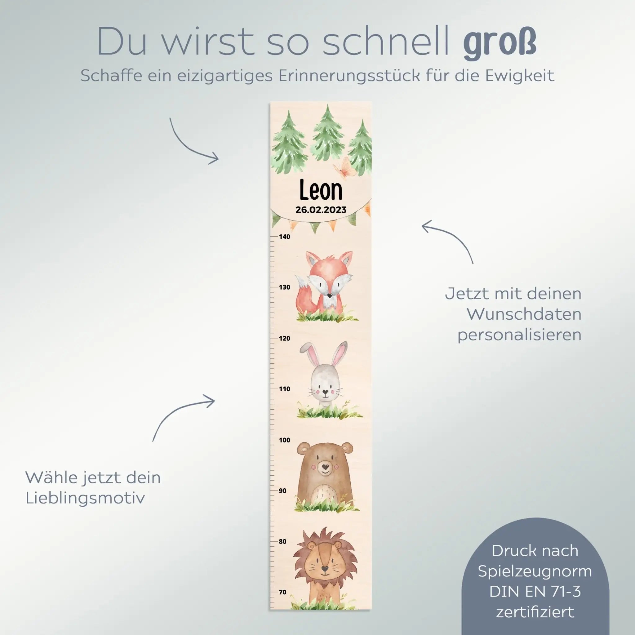 Kindermesslatte Holz personalisiert - Tiere übereinander Wald Aquarell - wunderwunsch