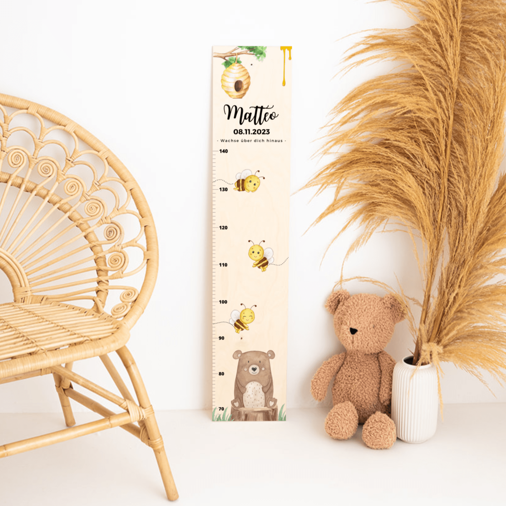 Kindermesslatte Holz personalisiert - Tierischer Gartenzauber Aquarell - wunderwunsch