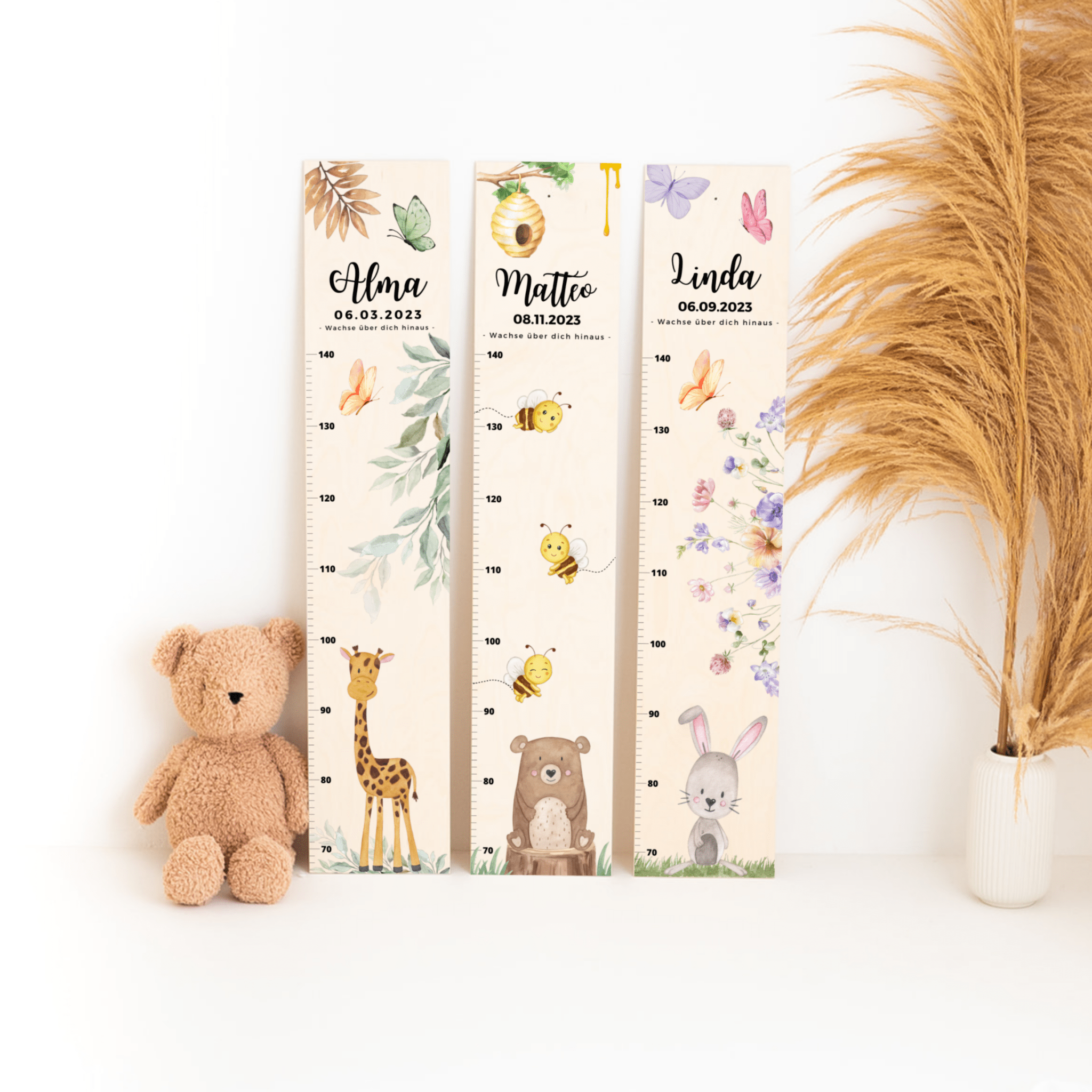 Kindermesslatte Holz personalisiert - Tierischer Gartenzauber Aquarell - wunderwunsch