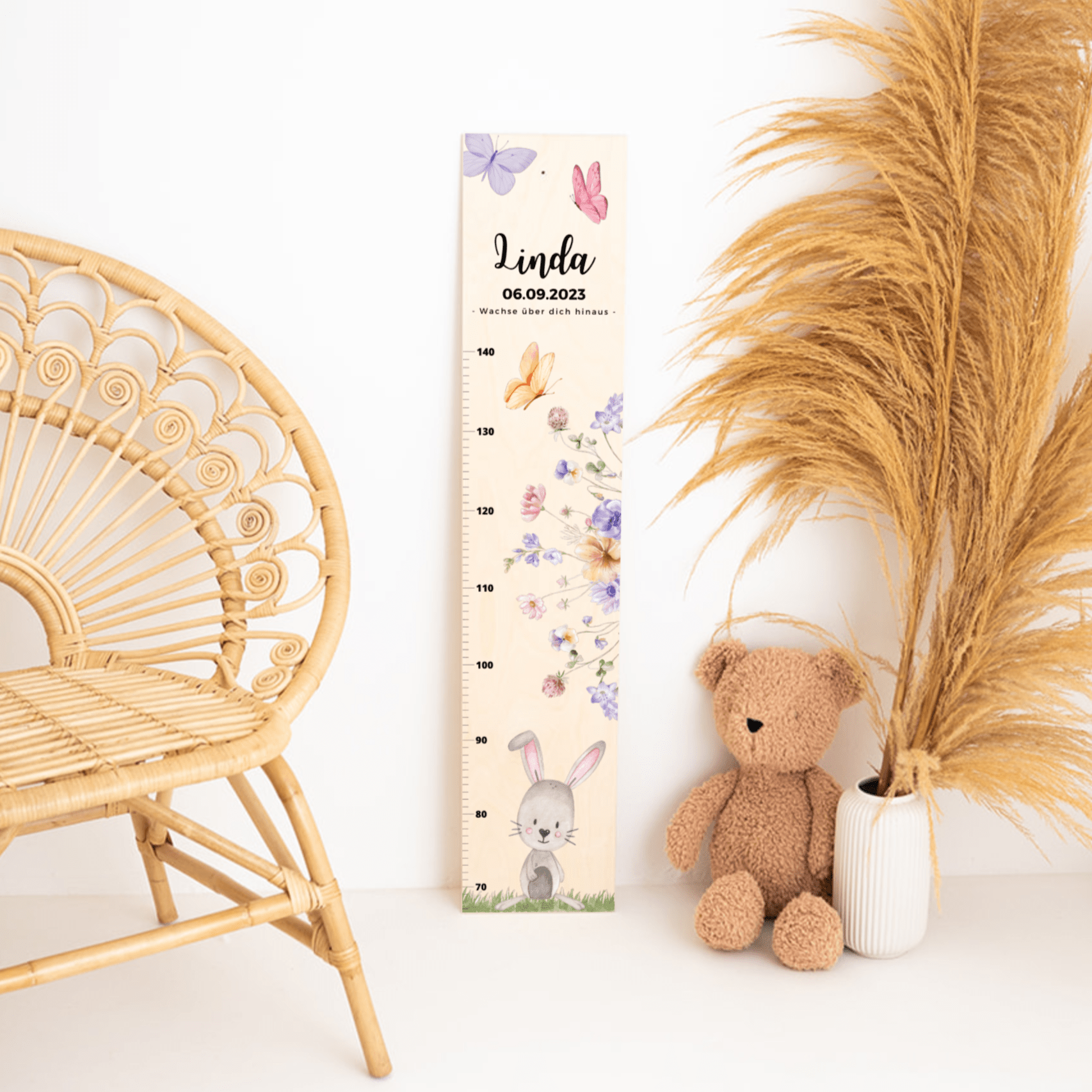 Kindermesslatte Holz personalisiert - Tierischer Gartenzauber Aquarell - wunderwunsch