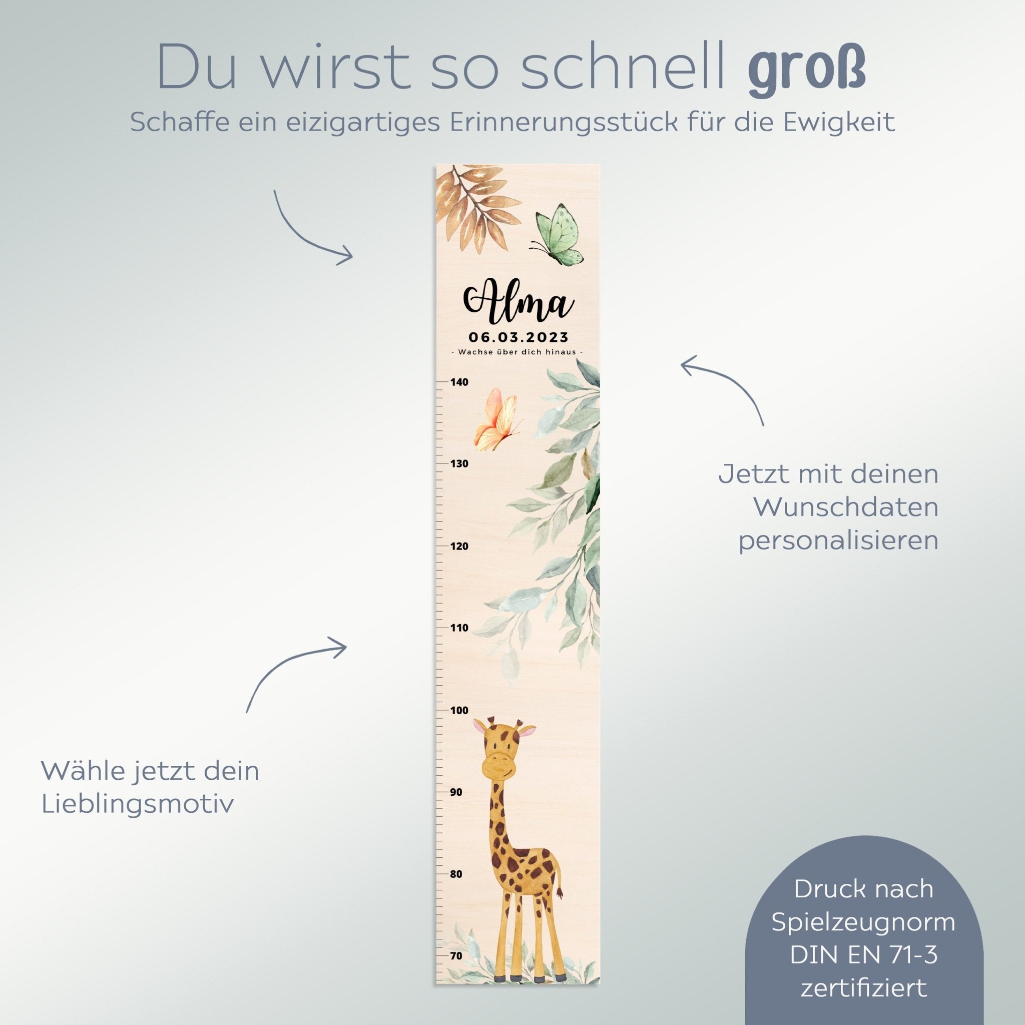 Kindermesslatte Holz personalisiert - Tierischer Gartenzauber Aquarell - wunderwunsch