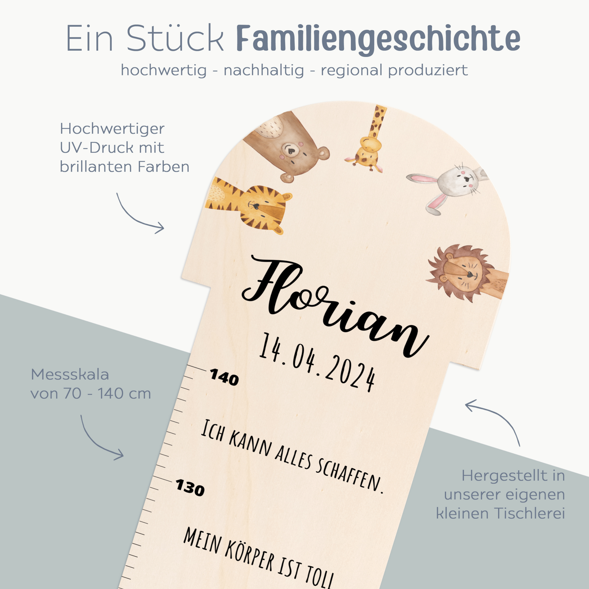 Kindermesslatte Rund Holz personalisiert - Tiere Affirmationen Aquarell - wunderwunsch