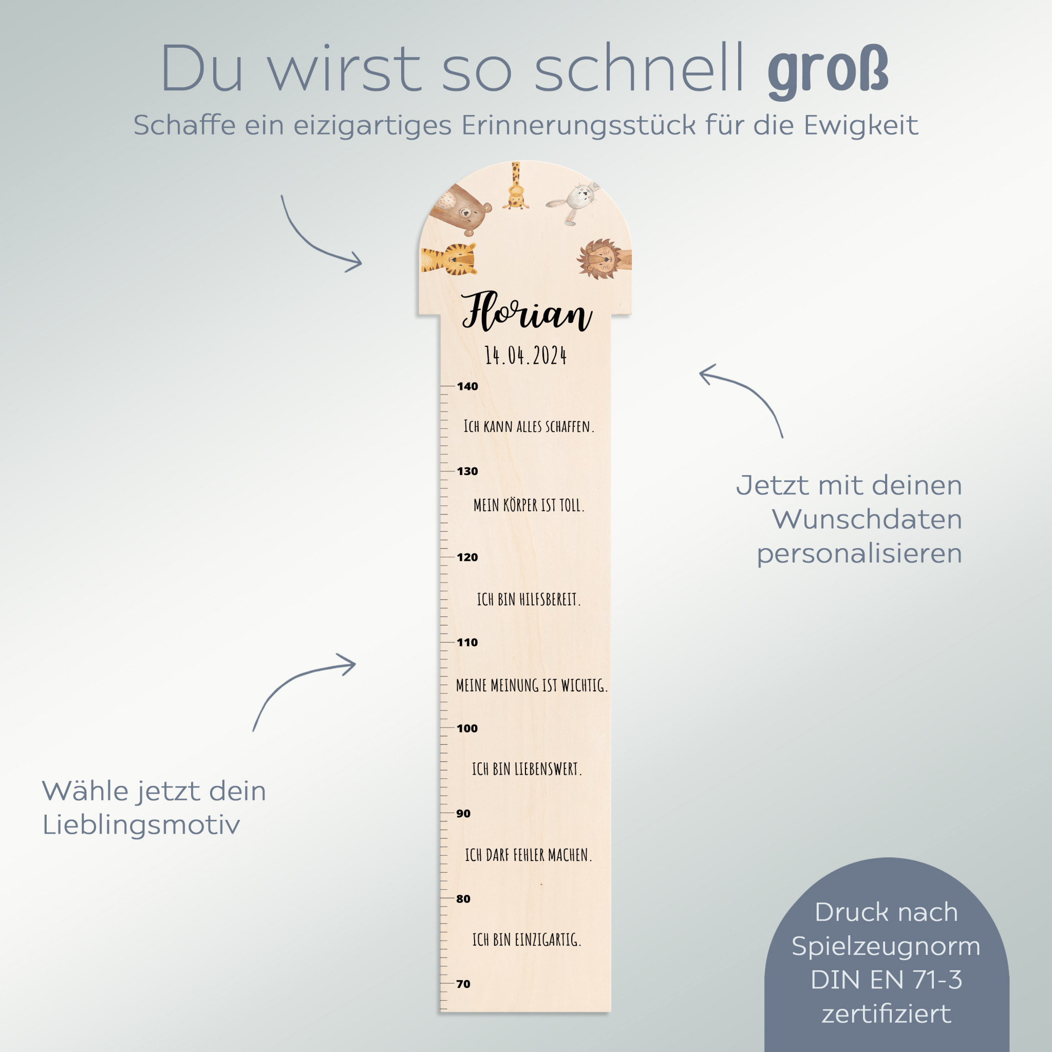 Kindermesslatte Rund Holz personalisiert - Tiere Affirmationen Aquarell - wunderwunsch