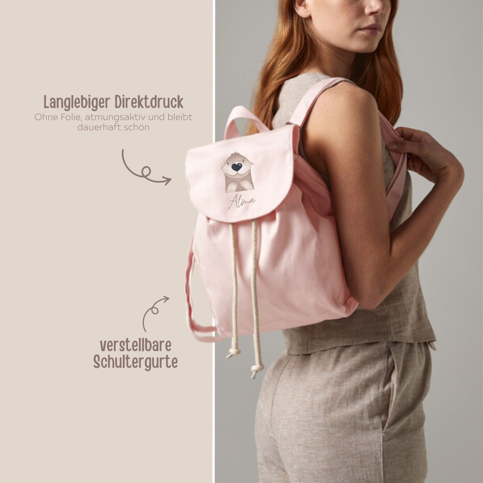 Kinderrucksack "Tier" (geschwungene Schrift) aus GOTS - zertifizierter Bio - Baumwolle personalisiert - wunderwunsch