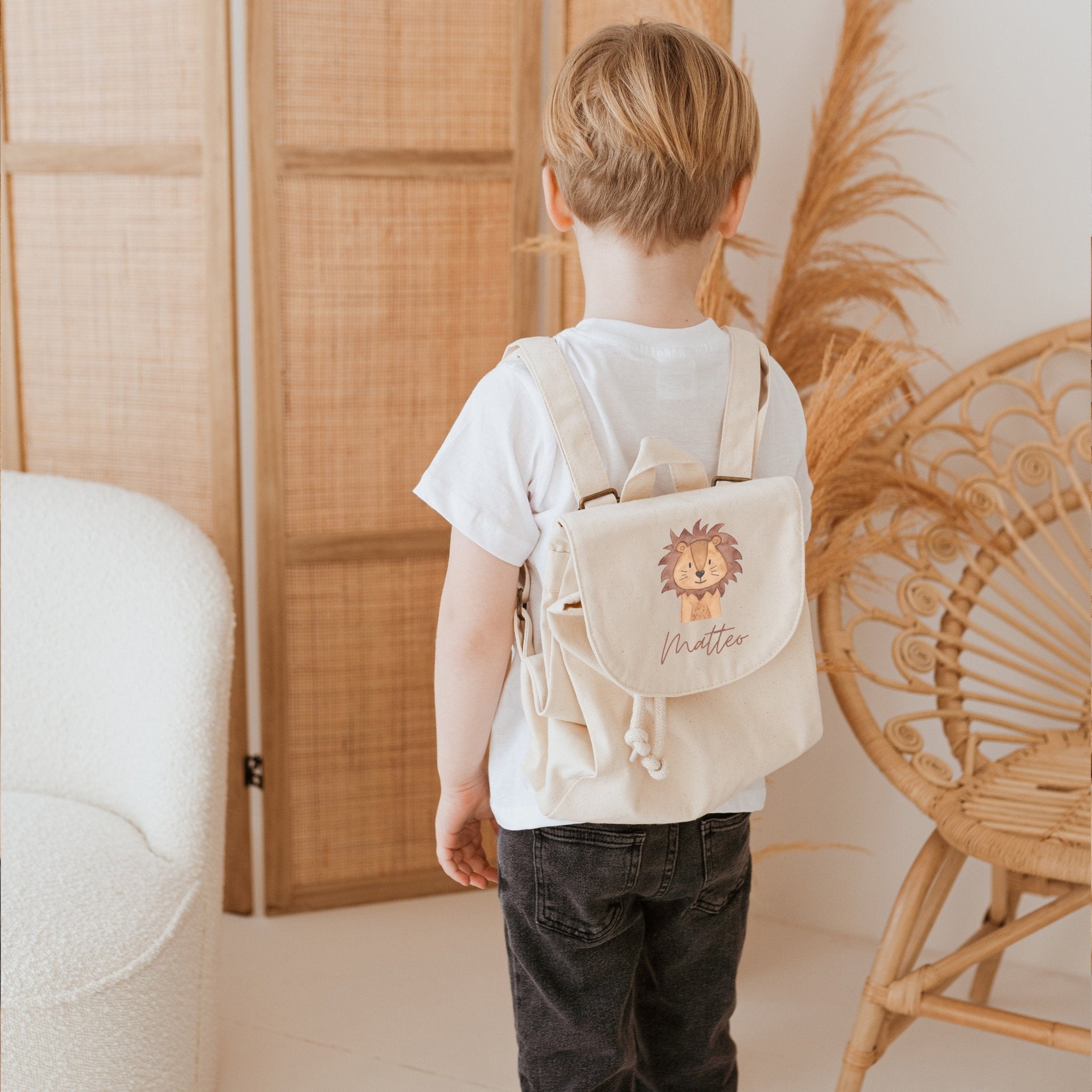 Kinderrucksack "Tier" (geschwungene Schrift) aus GOTS - zertifizierter Bio - Baumwolle personalisiert - wunderwunsch