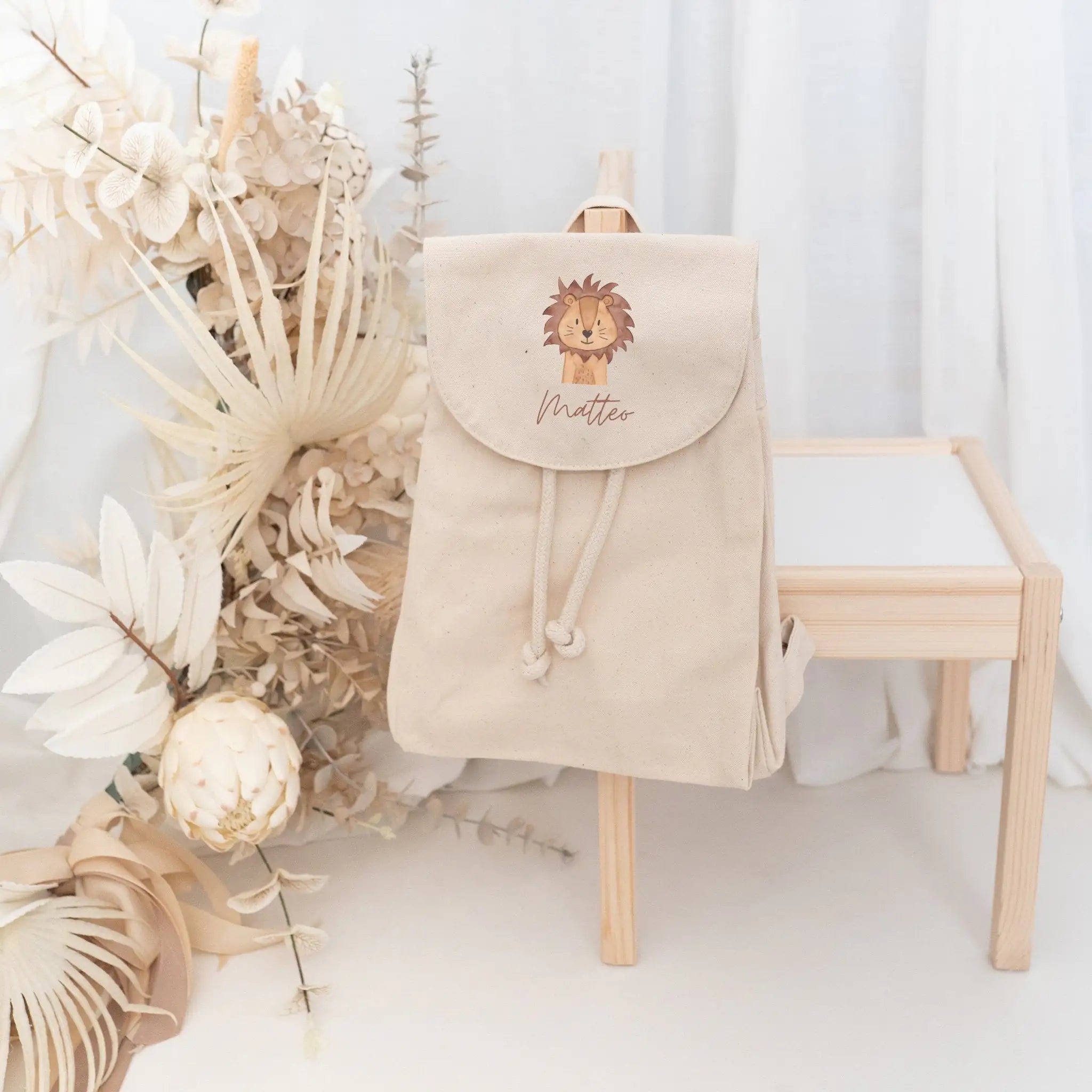 Kinderrucksack "Tier" (geschwungene Schrift) aus GOTS - zertifizierter Bio - Baumwolle personalisiert - wunderwunsch