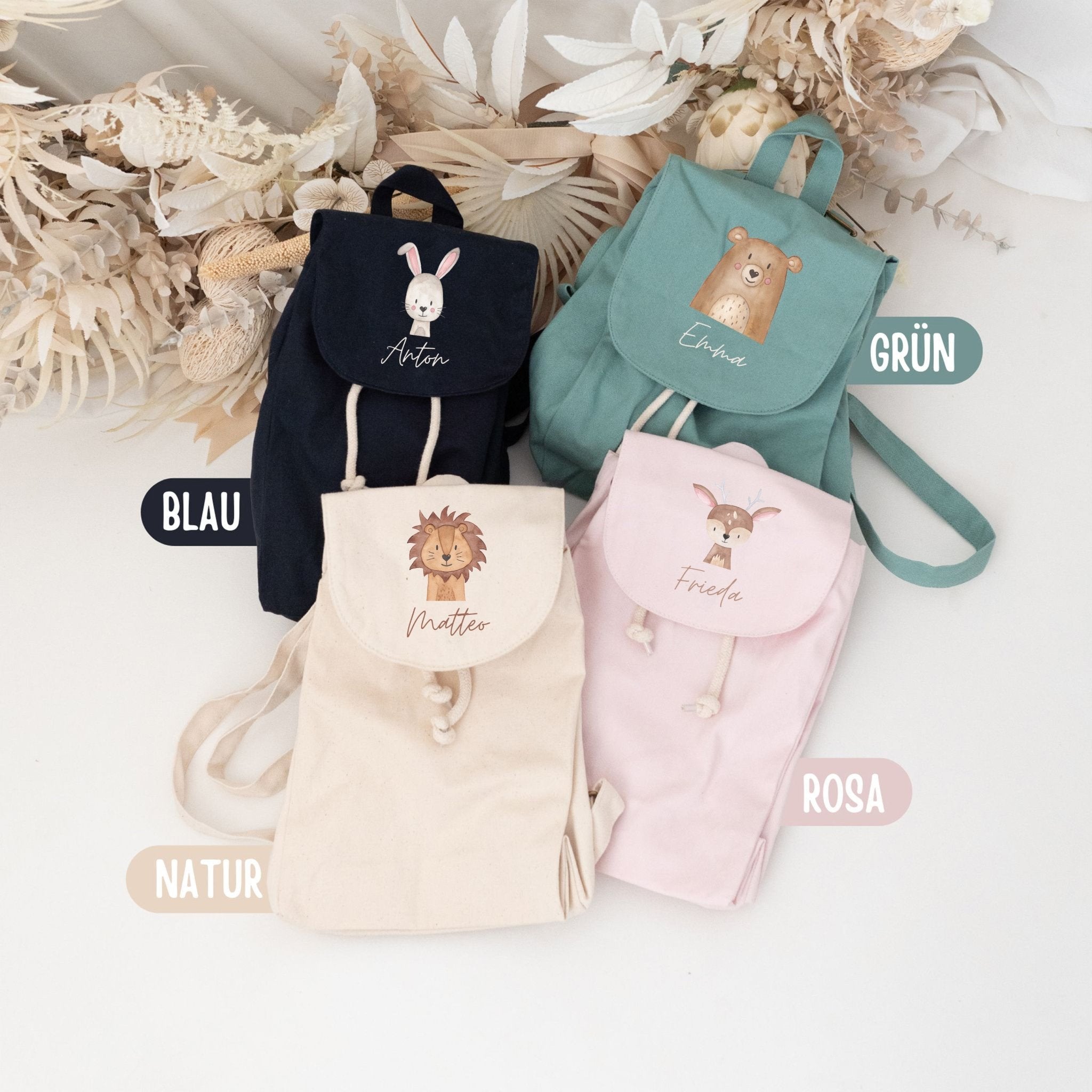 Kinderrucksack "Tier" (geschwungene Schrift) aus GOTS - zertifizierter Bio - Baumwolle personalisiert - wunderwunsch