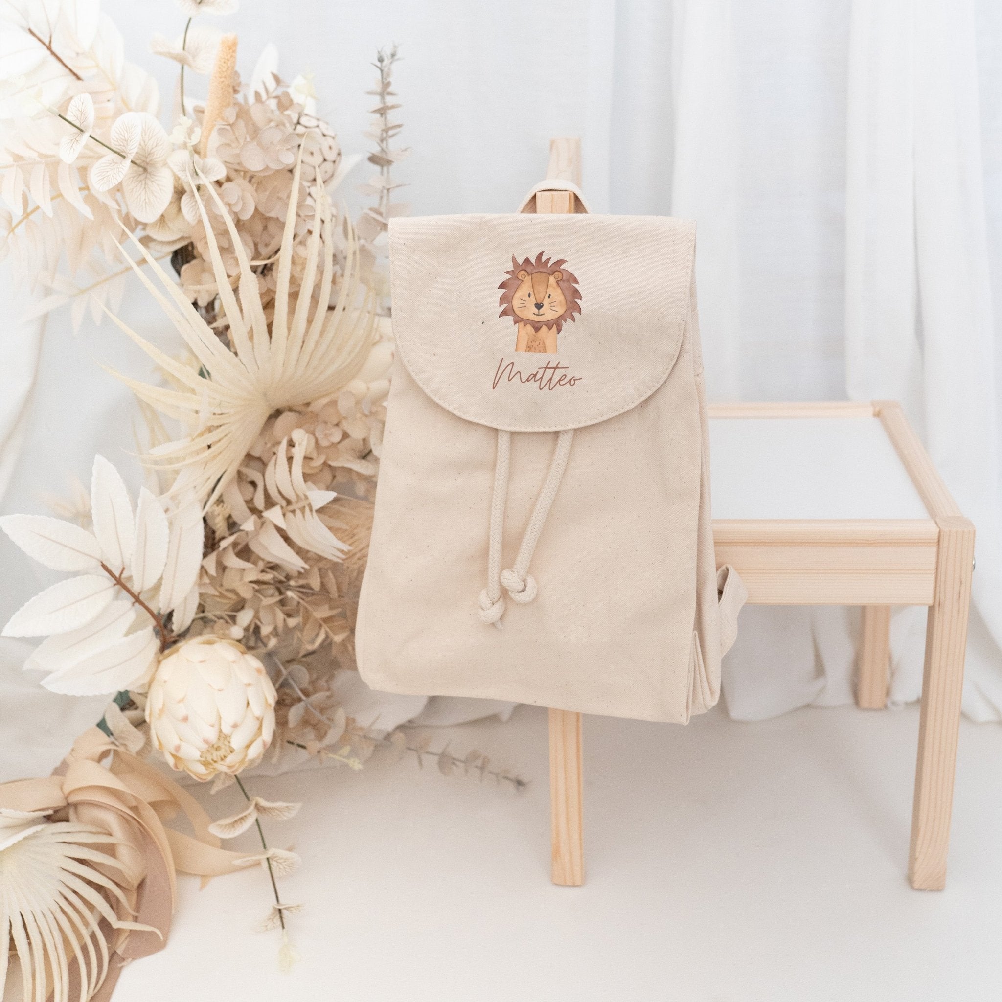 Kinderrucksack "Tier" (geschwungene Schrift) aus GOTS - zertifizierter Bio - Baumwolle personalisiert - wunderwunsch