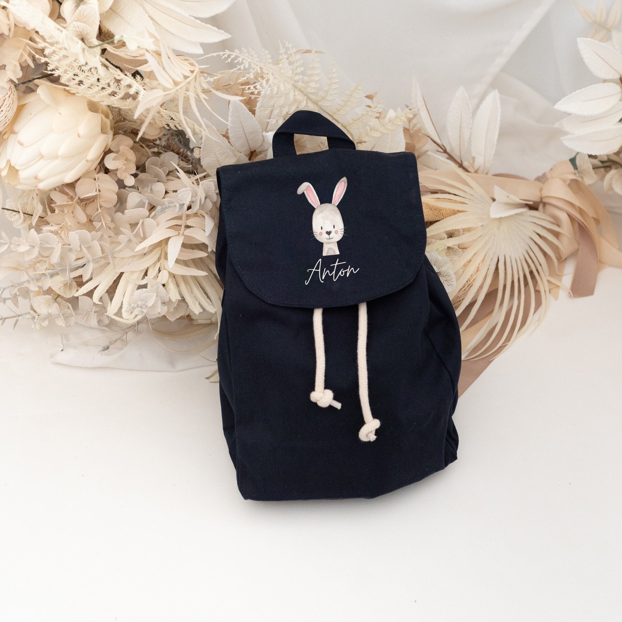 Kinderrucksack "Tier" (geschwungene Schrift) aus GOTS - zertifizierter Bio - Baumwolle personalisiert - wunderwunsch