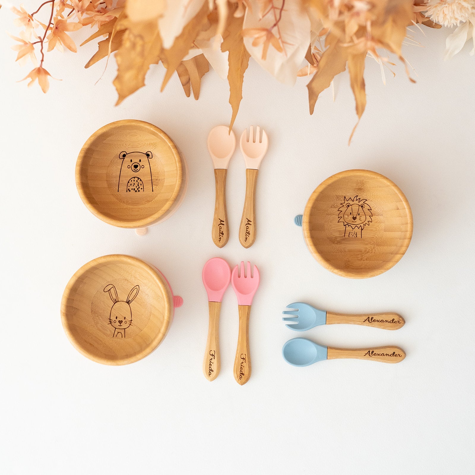 Kinderschüssel mit Saugnapf + Besteck - Tier Gravur - wunderwunsch