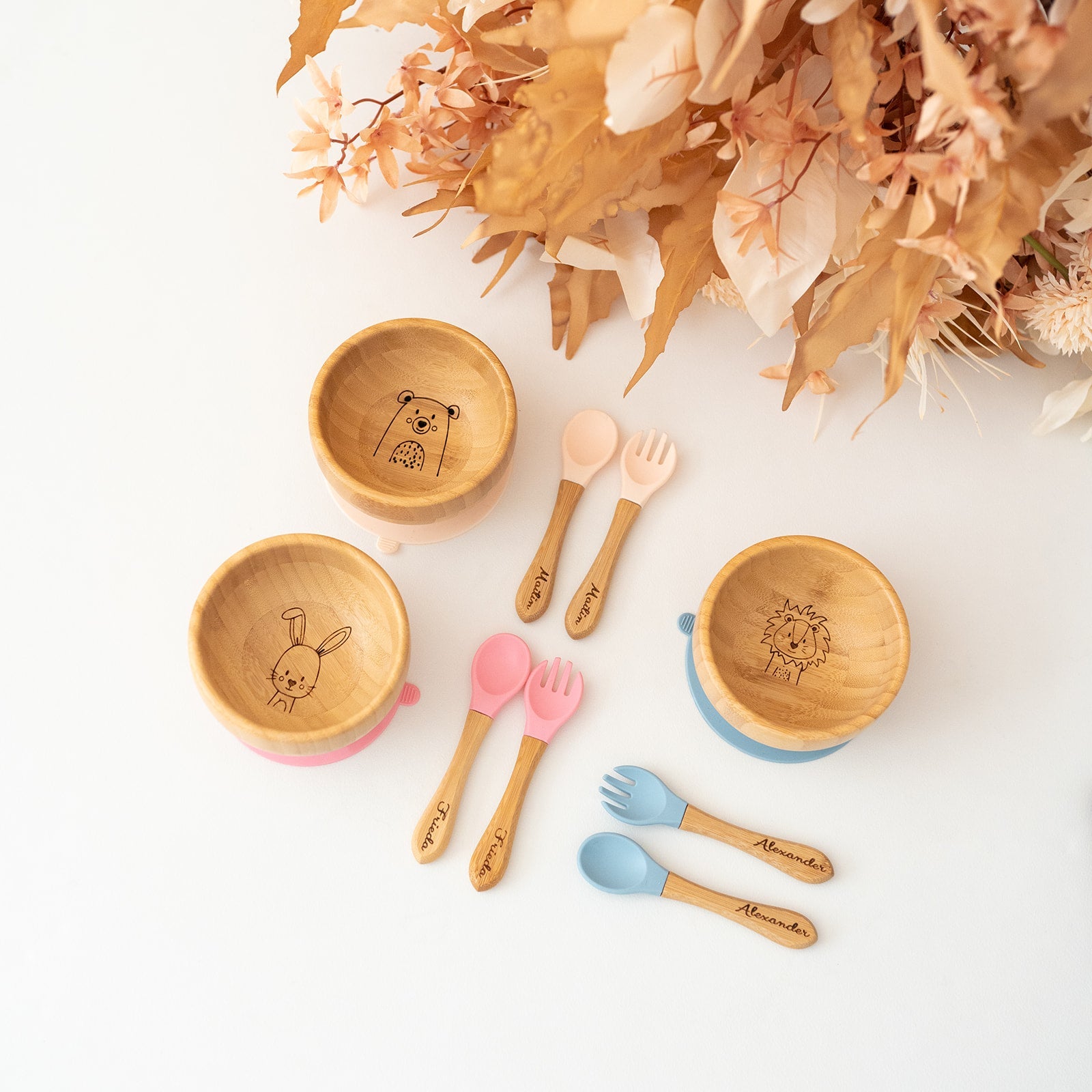 Kinderschüssel mit Saugnapf + Besteck - Tier Gravur - wunderwunsch