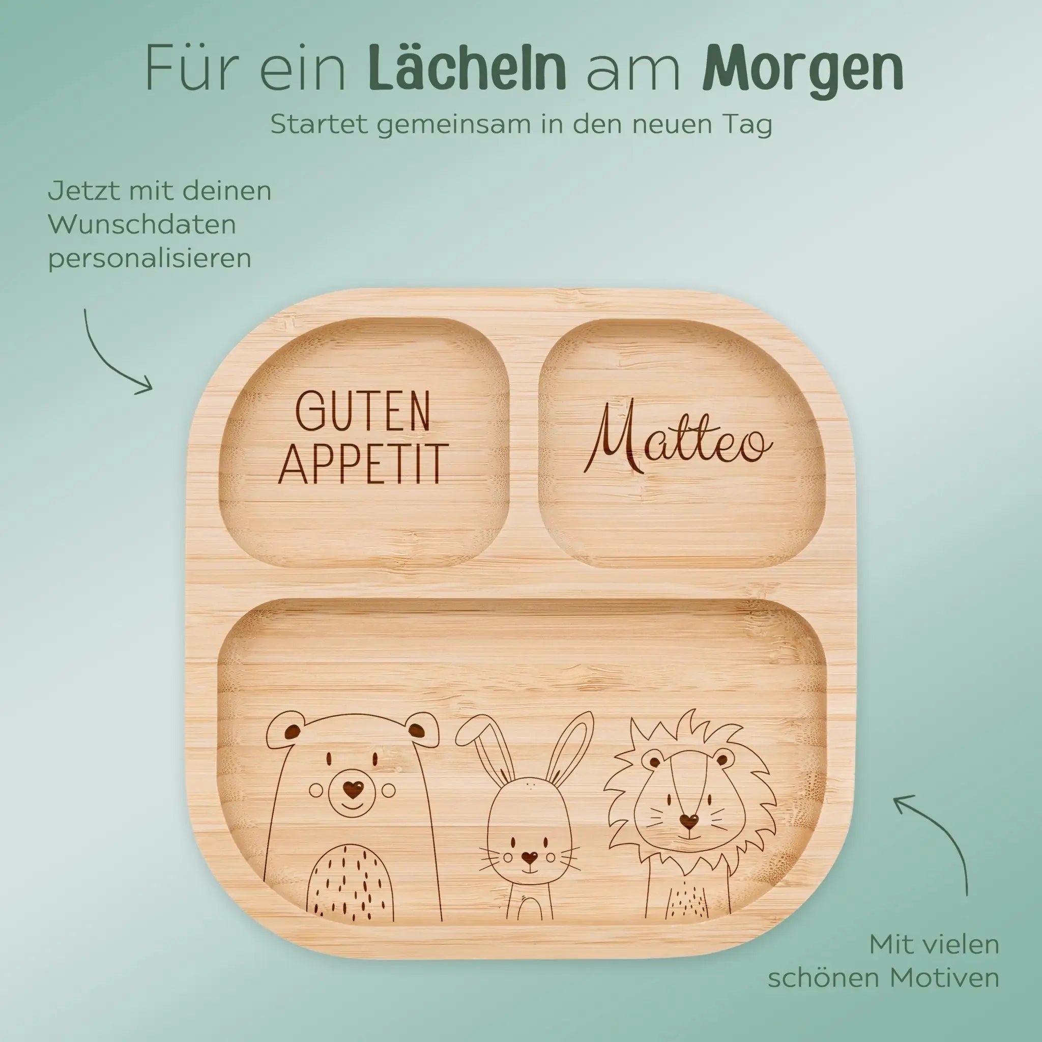 Kinderteller mit Saugnapf + Besteck - Bär, Hase, Löwe Gravur - wunderwunsch