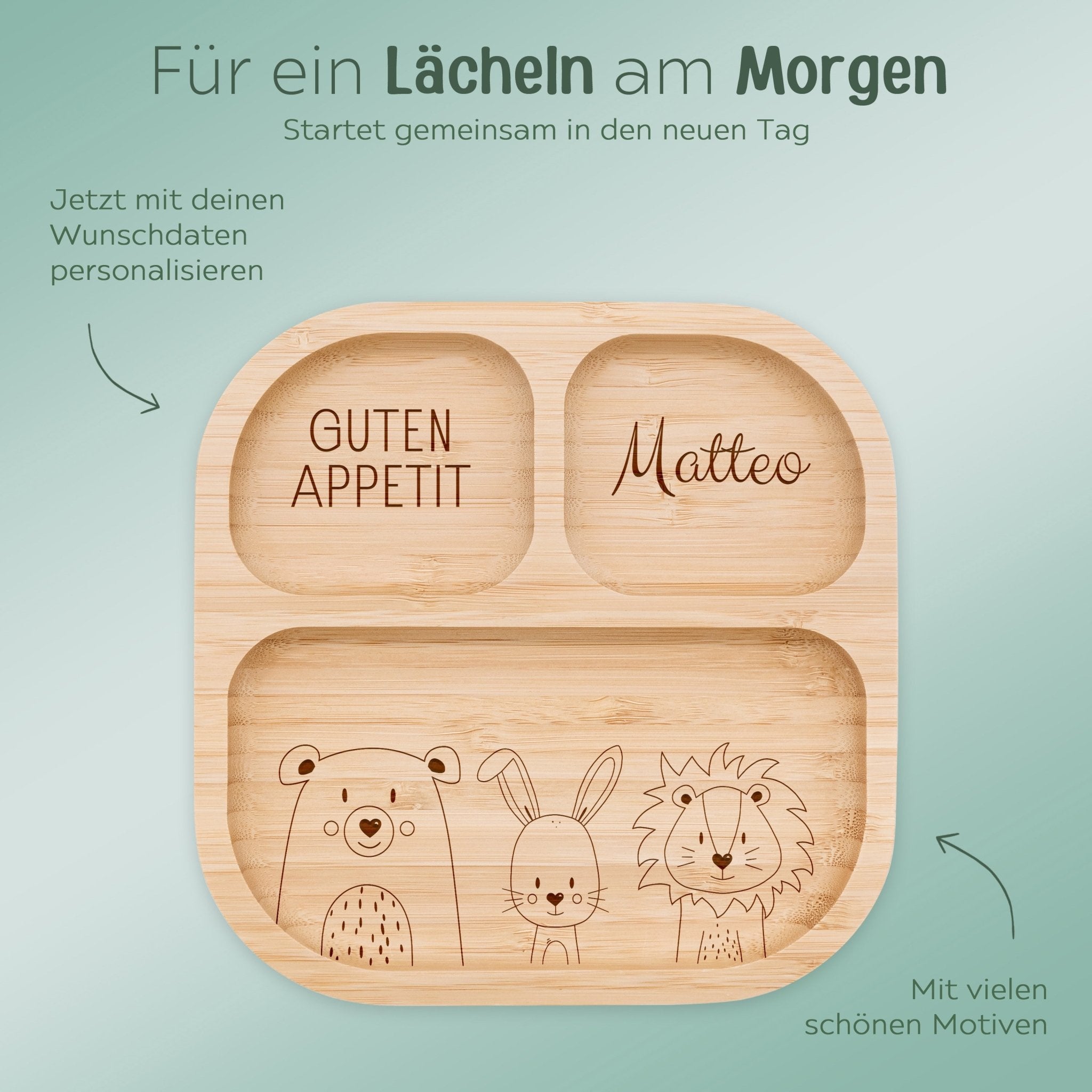 Kinderteller mit Saugnapf + Besteck - Bär, Hase, Löwe Gravur - wunderwunsch