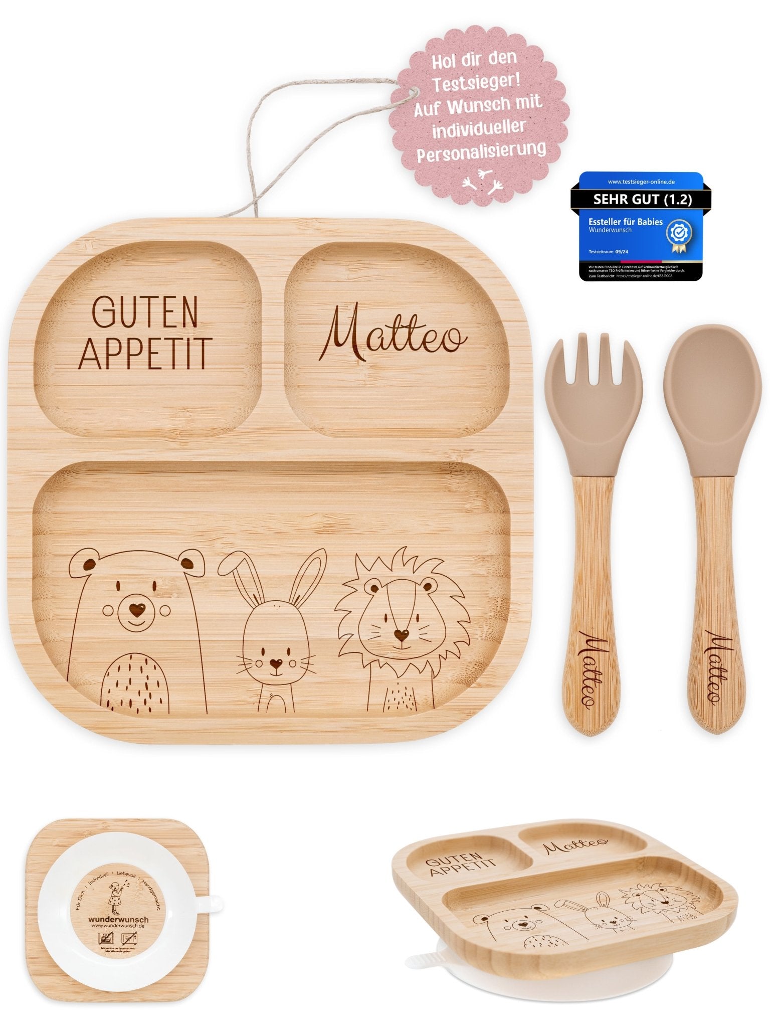 Kinderteller mit Saugnapf + Besteck - Bär, Hase, Löwe Gravur - wunderwunsch