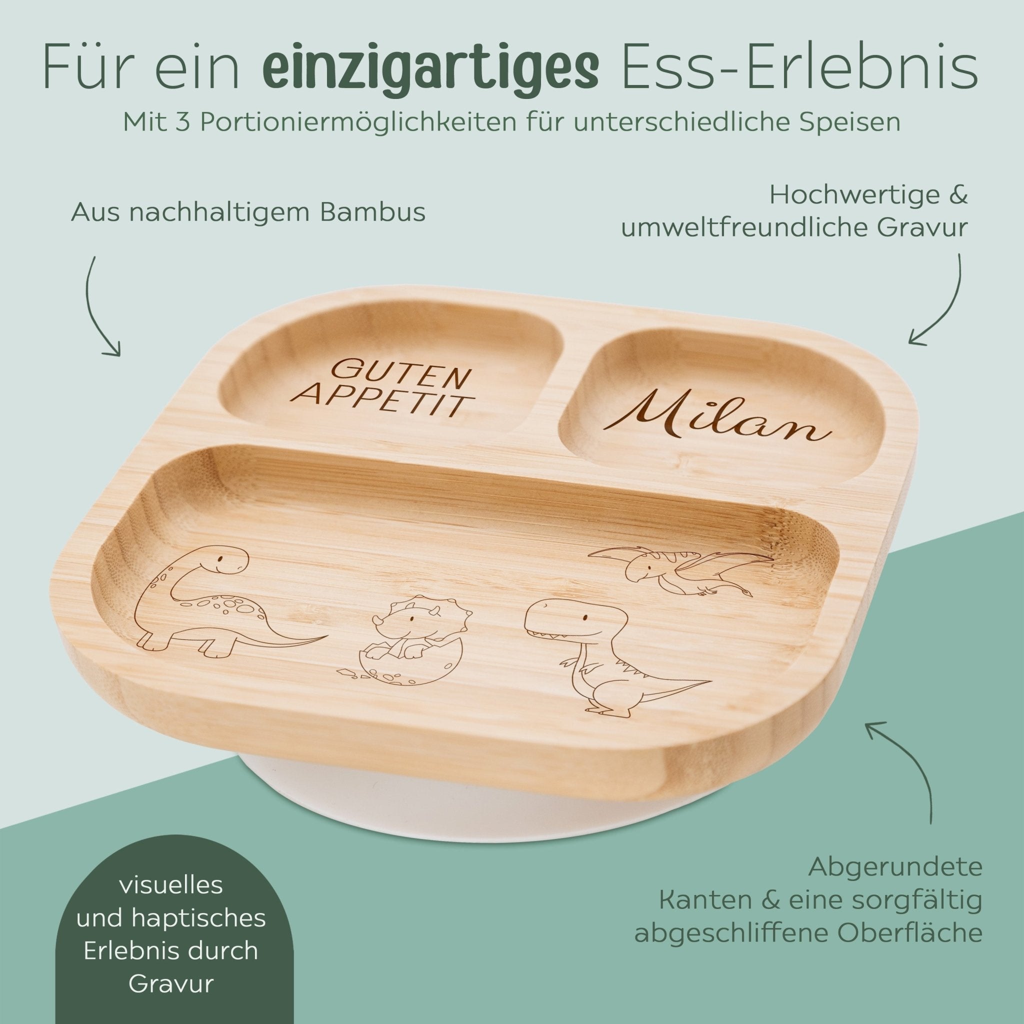 Kinderteller mit Saugnapf + Besteck - Dinosaurier Gravur - wunderwunsch