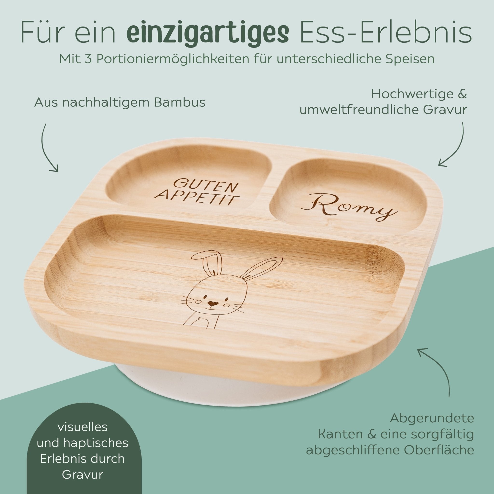 Kinderteller mit Saugnapf + Besteck - Tier unten Gravur - wunderwunsch