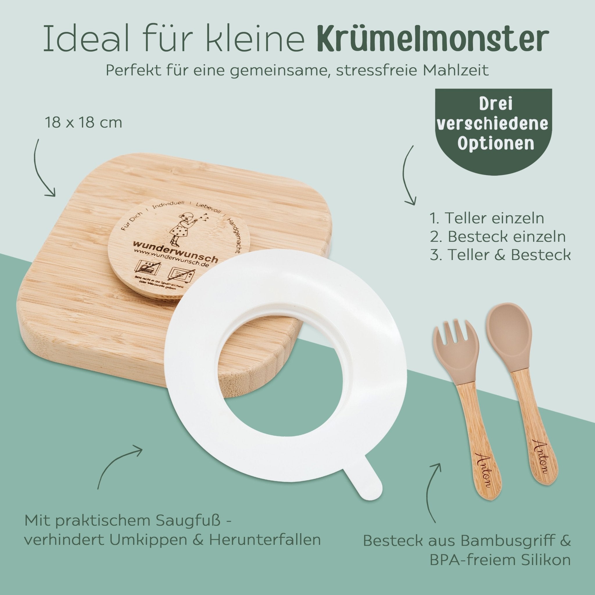 Kinderteller mit Saugnapf + Besteck - Tiere unten Girlande Gravur - wunderwunsch