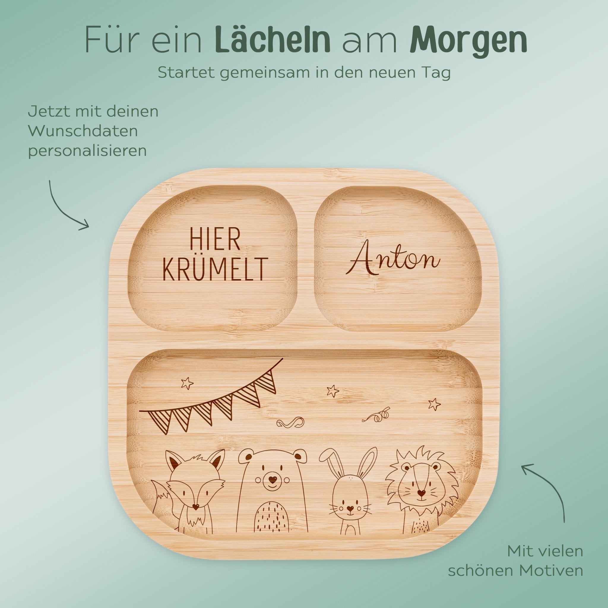 Kinderteller mit Saugnapf + Besteck - Tiere unten Girlande Gravur - wunderwunsch