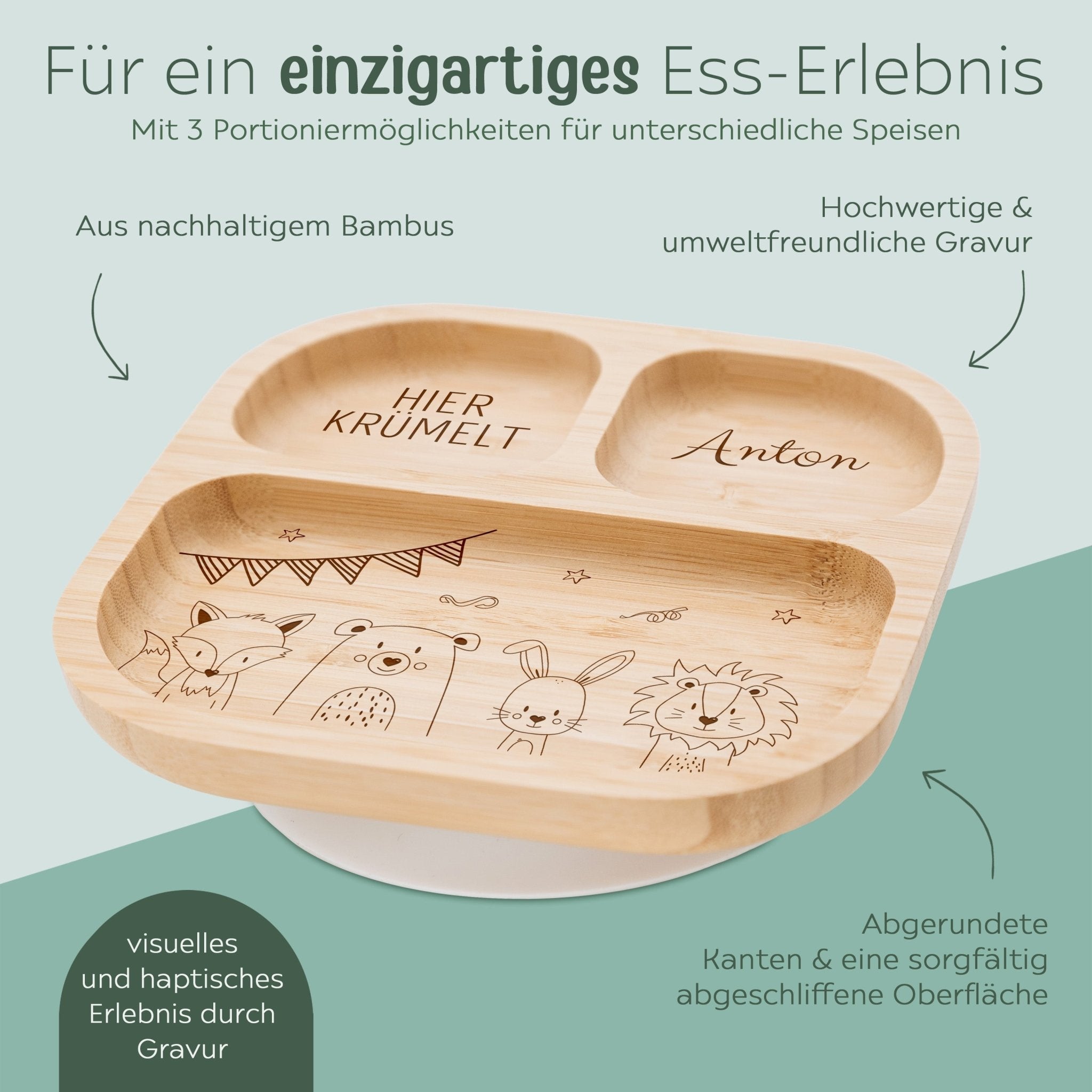 Kinderteller mit Saugnapf + Besteck - Tiere unten Girlande Gravur - wunderwunsch