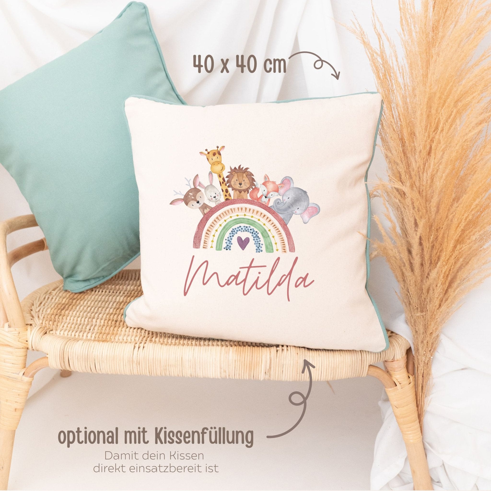 Kissen Baumwolle "Regenbogen Tiere" personalisiert - wunderwunsch