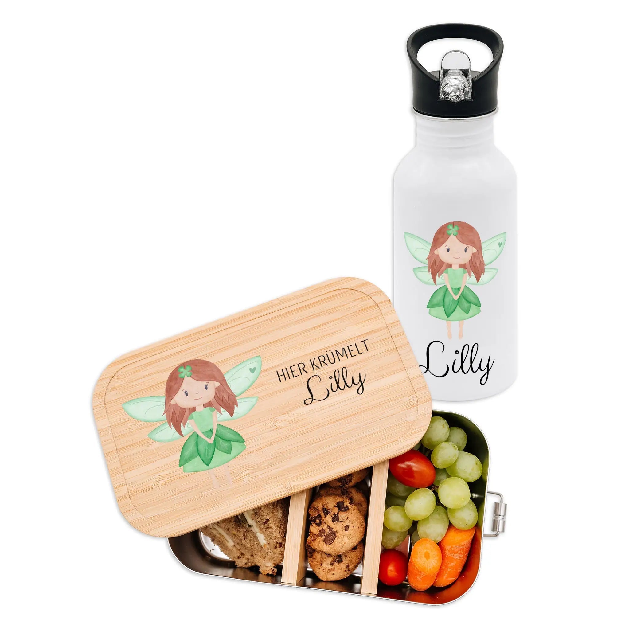Kita - / Schul - Start Bundle - Brotdose + Kinder Trinkflasche weiß personalisiert - Fee Aquarell - wunderwunsch