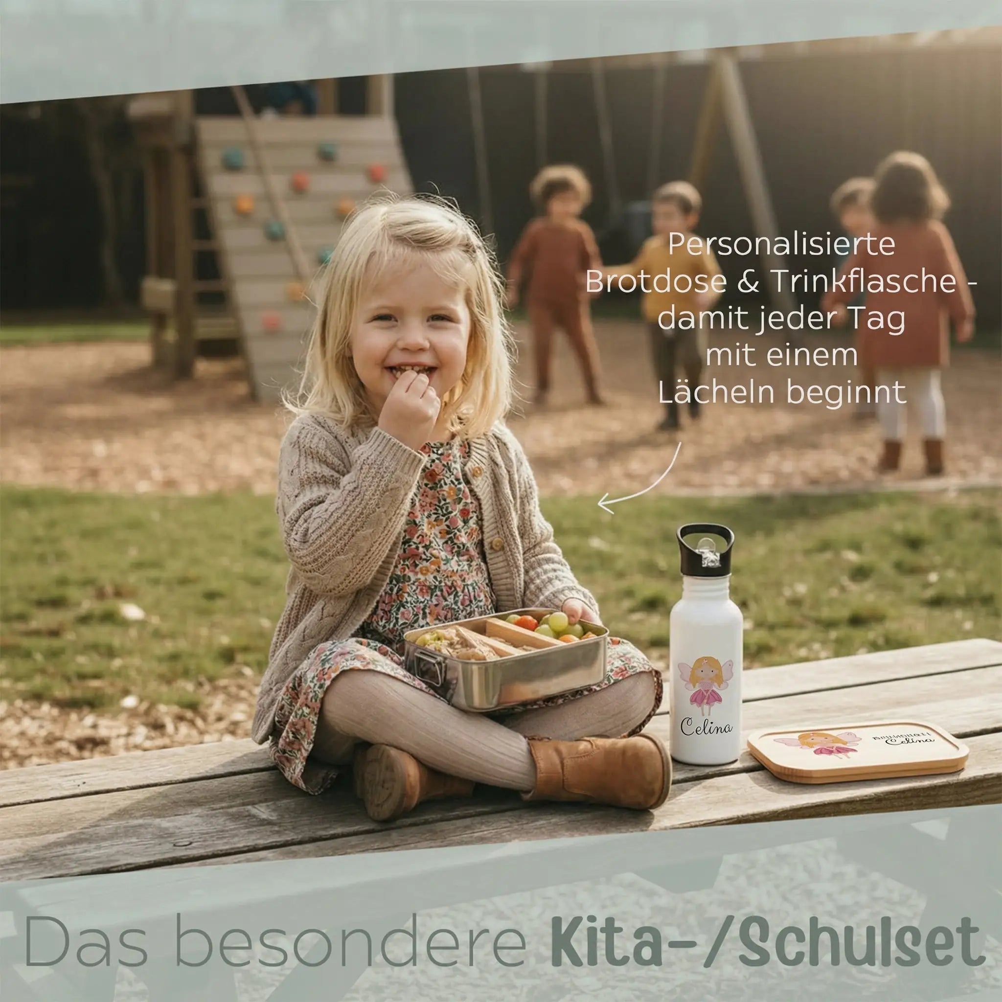 Kita - / Schul - Start Bundle - Brotdose + Kinder Trinkflasche weiß personalisiert - Fee Aquarell - wunderwunsch